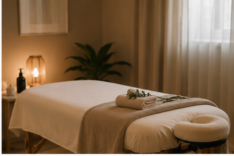 A massage table in a cozy, softly lit room with white sheets, a beige throw, and towels topped with a eucalyptus sprig, near a window with sheer curtains.