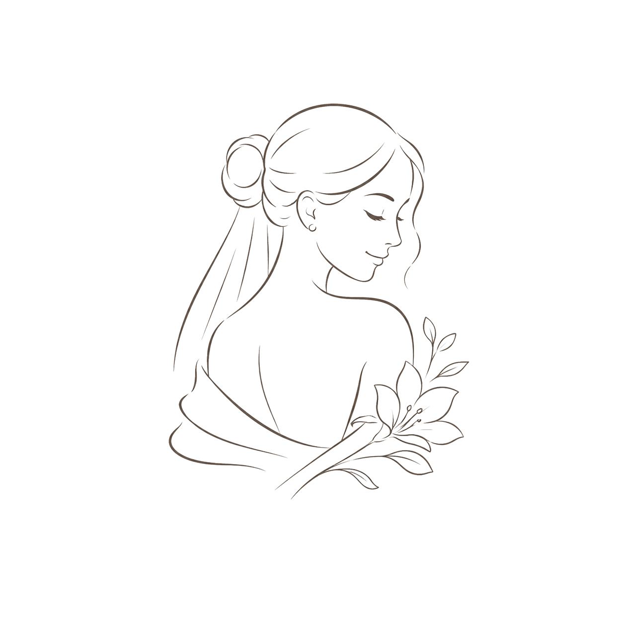 Minimalist line drawing of a woman with long hair, closed eyes, smiling, holding a branch with leaves.
