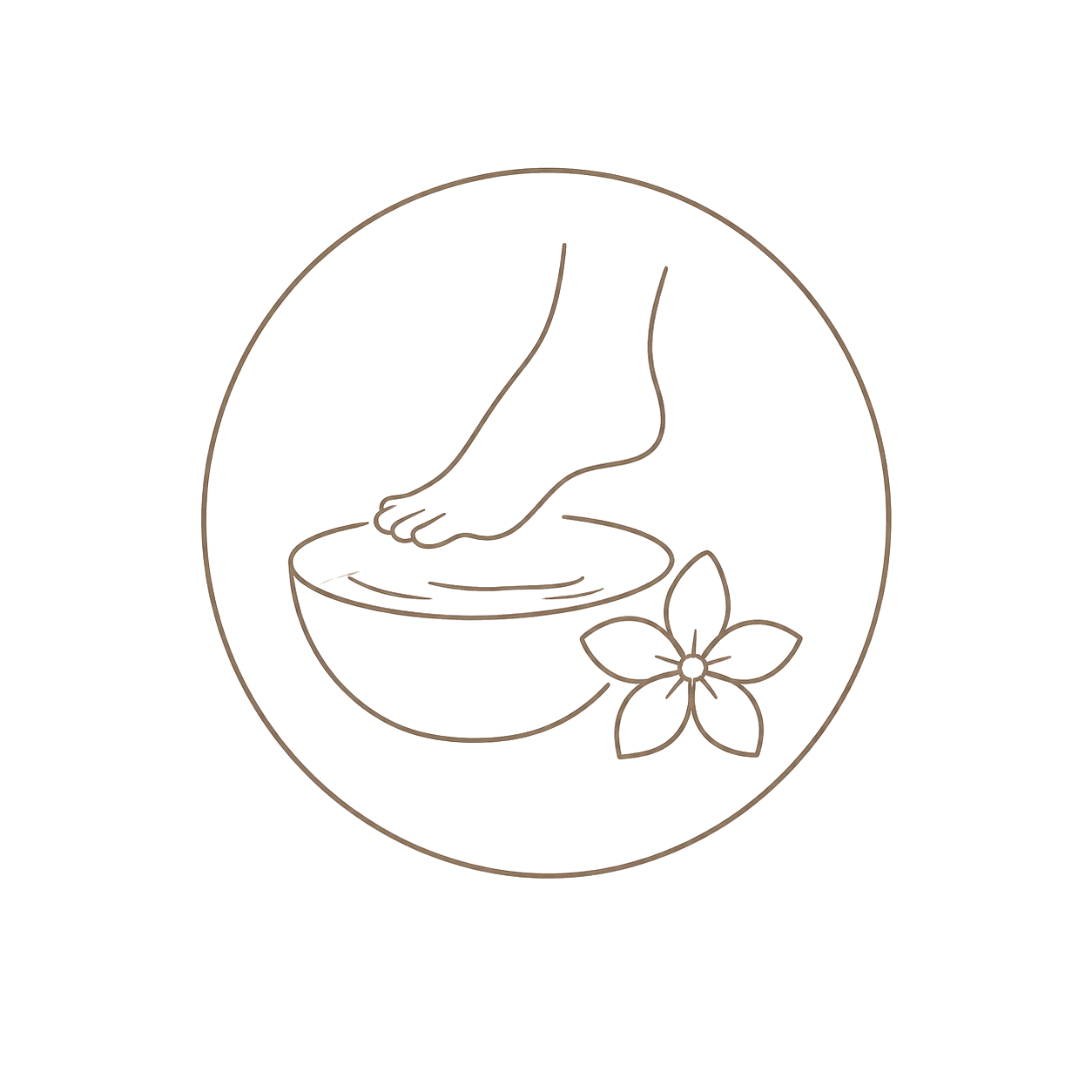Line drawing of a hand dipping into a bowl with a flower beside it, symbolizing a spa or skincare treatment.