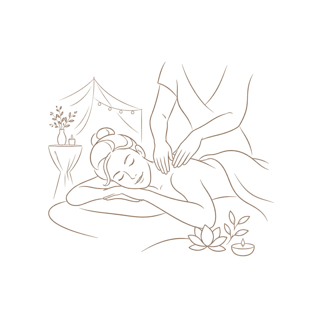 Line art illustration of a woman receiving a back massage, lying on her stomach with eyes closed, with a small table nearby holding a vase with flowers and a candle, in a spa setting.