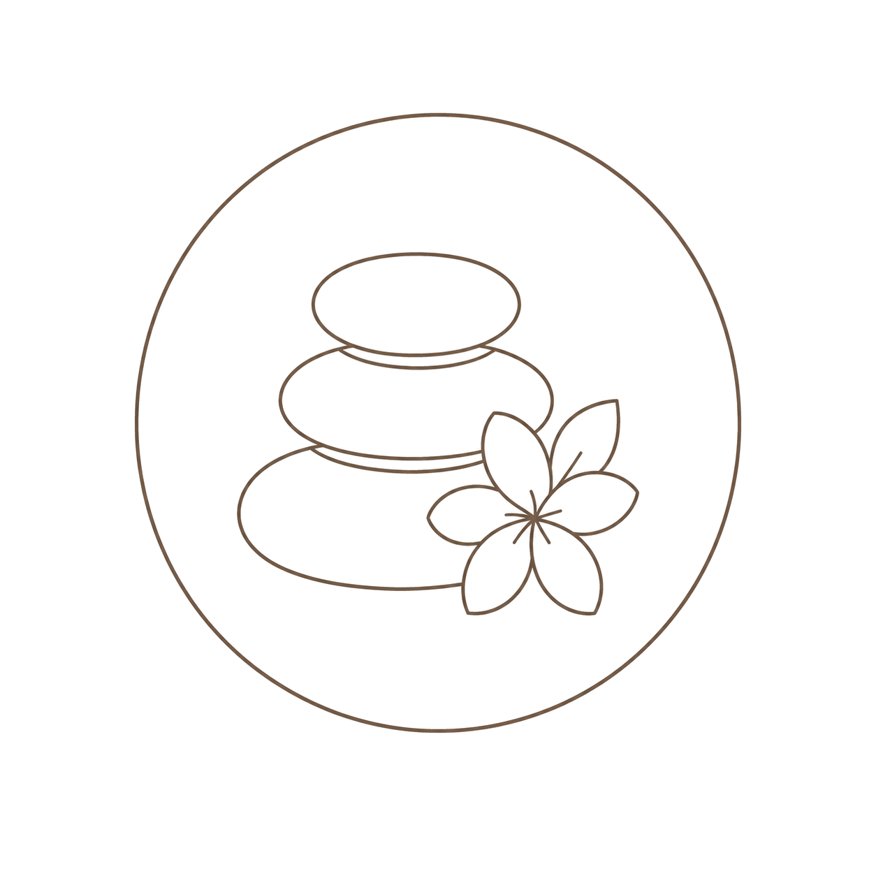 Line drawing of a stack of three smooth stones with a flower and leaves beside them, all enclosed in a circle.