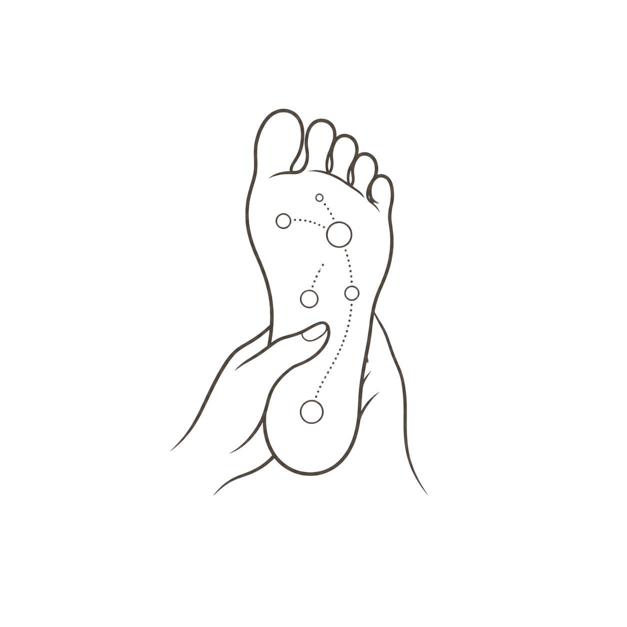 Line drawing of a hand with dots and circles, possibly representing acupressure or acupuncture points.