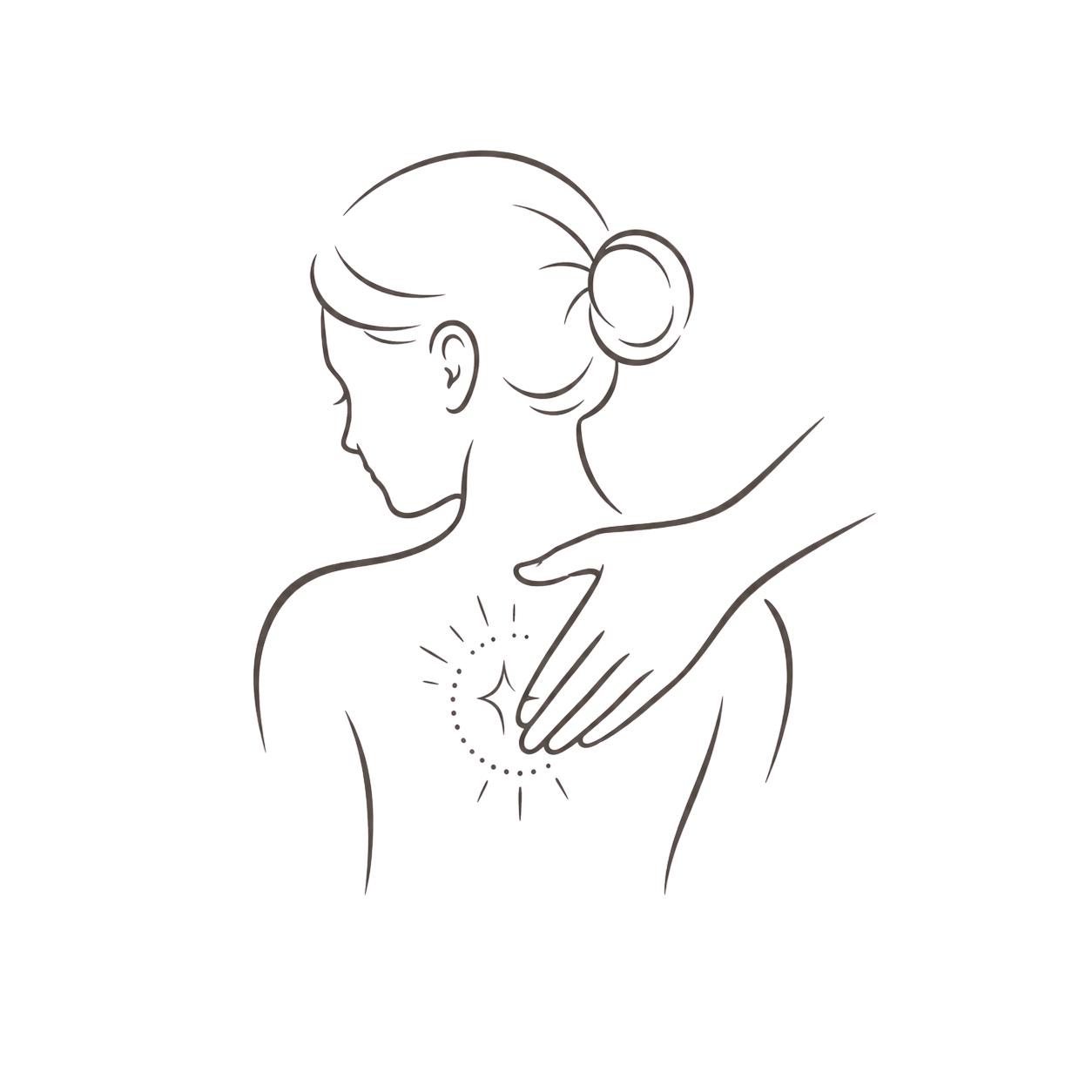 Line drawing of a woman with her hair in a bun, receiving a massage on her shoulder with emphasis on a circular area on her shoulder.