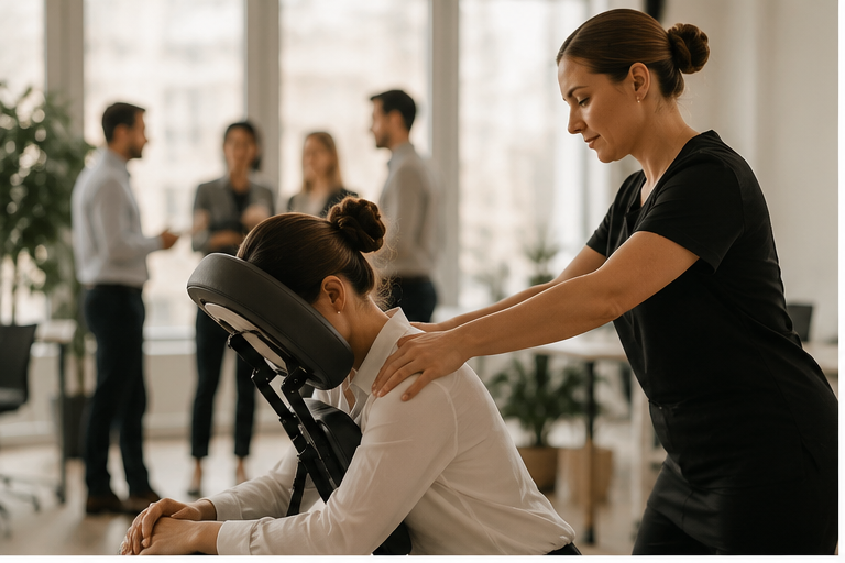 A woman receiving a neck massage from a massage therapist in an office setting. In the background, four people are talking and holding documents.