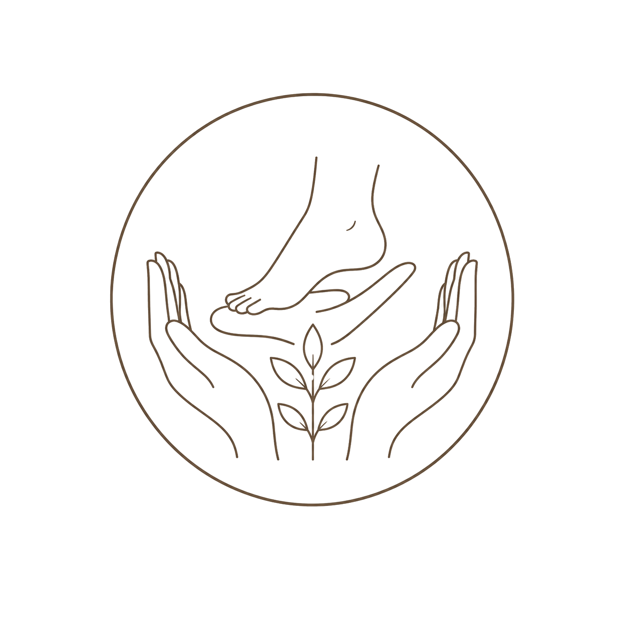 Minimalist line drawing of hands holding a small plant with three leaves, enclosed in a circle.