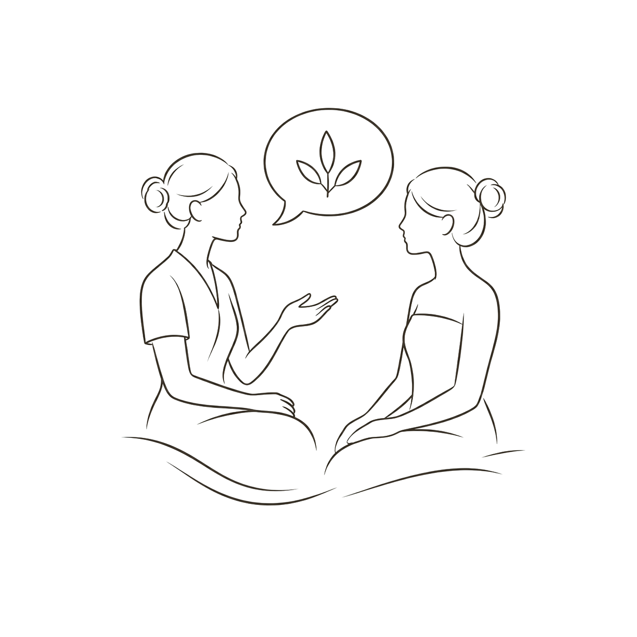 Two women sitting and talking, one is wearing scrubs and the other is in a strapless top, with a speech bubble containing a leaf symbol.