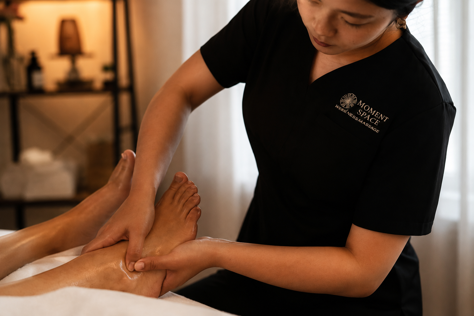 A massage therapist giving a foot massage to a client in a spa setting.