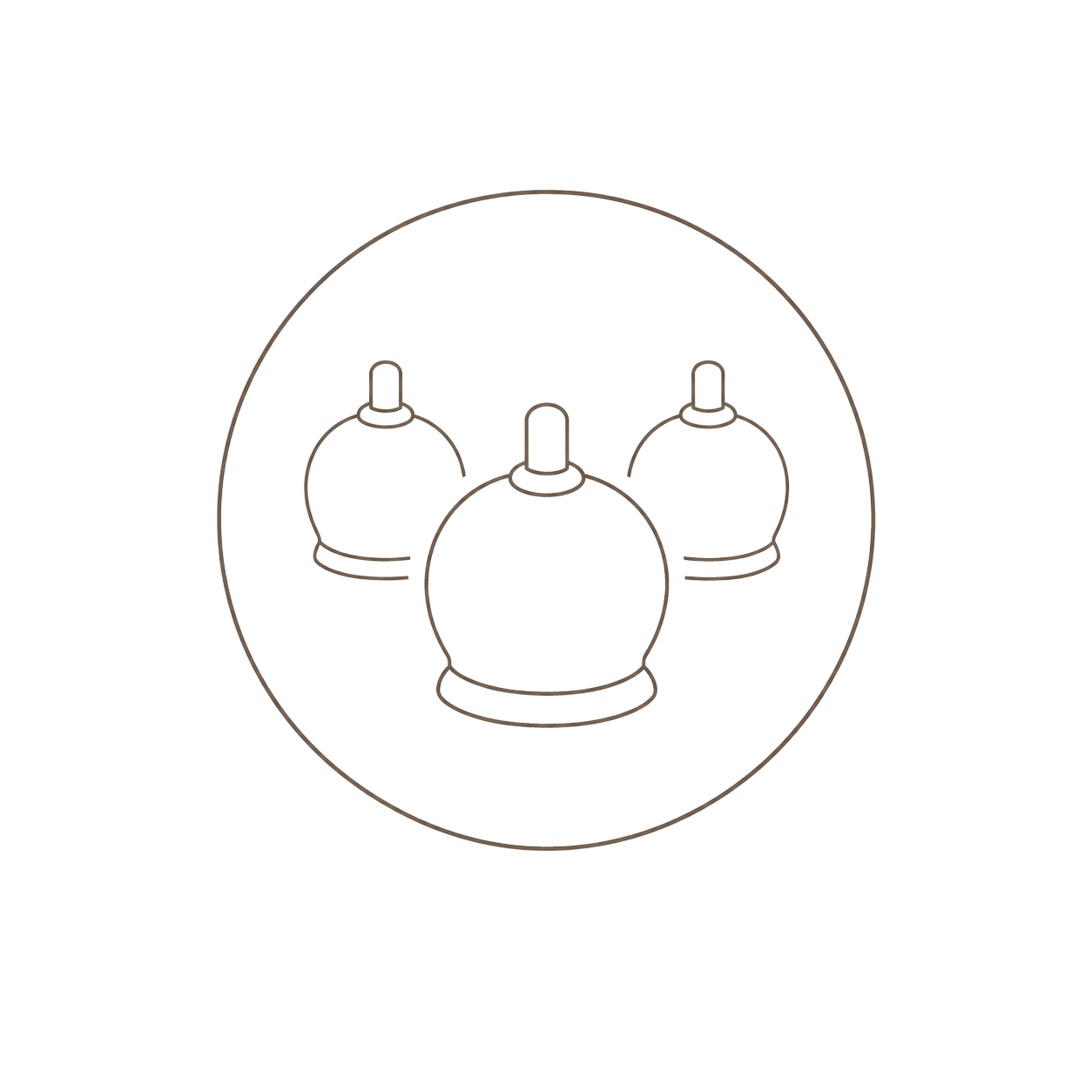 Line drawing of three round bottles with dropper caps inside a circle