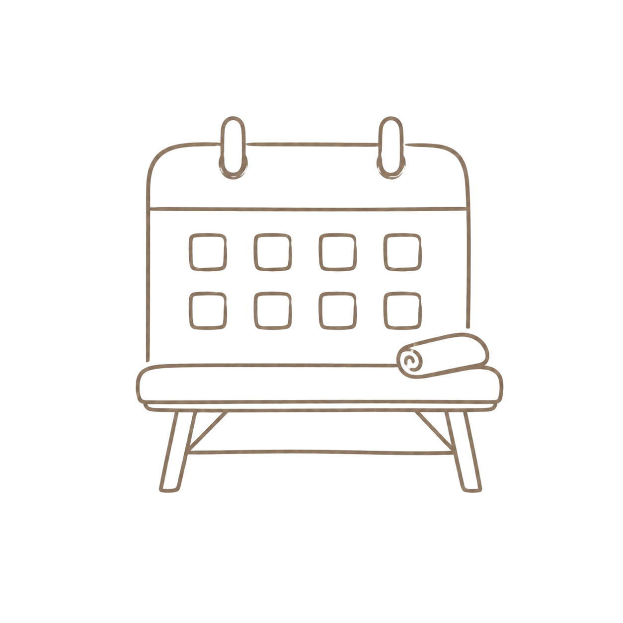 Minimalist drawing of a calendar with a rolling pin on a bench.