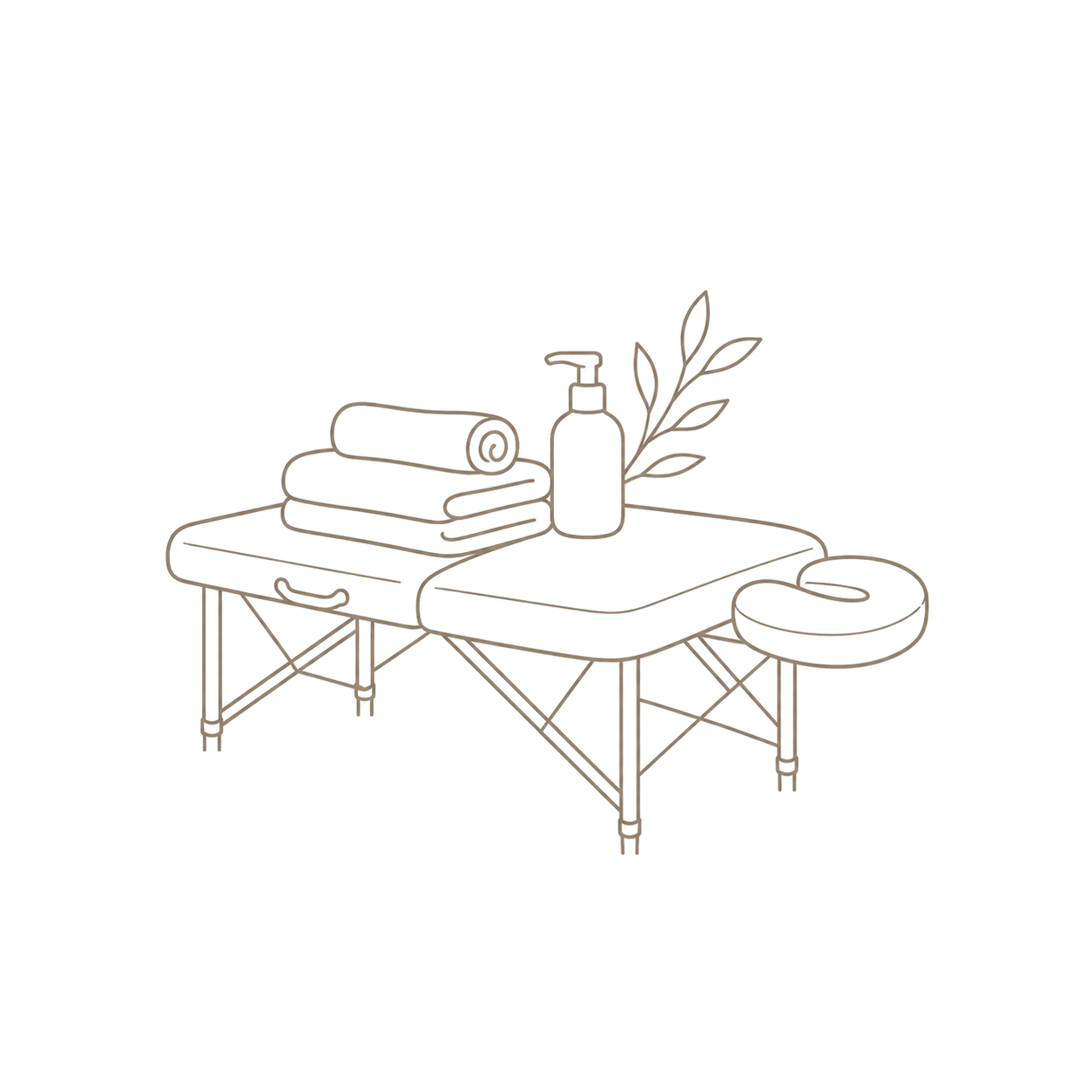 Line drawing of massage tables with folded towels, a bottle with pump, and a plant branch, set against a black background.