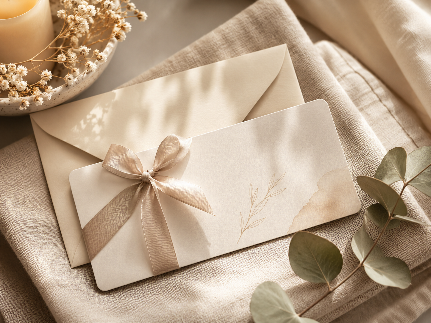 A beige and cream-colored wedding invitation with a satin ribbon, accompanied by an envelope, on a textured fabric surface. There is a branch of eucalyptus leaves and a dish with small flowers and a candle nearby.