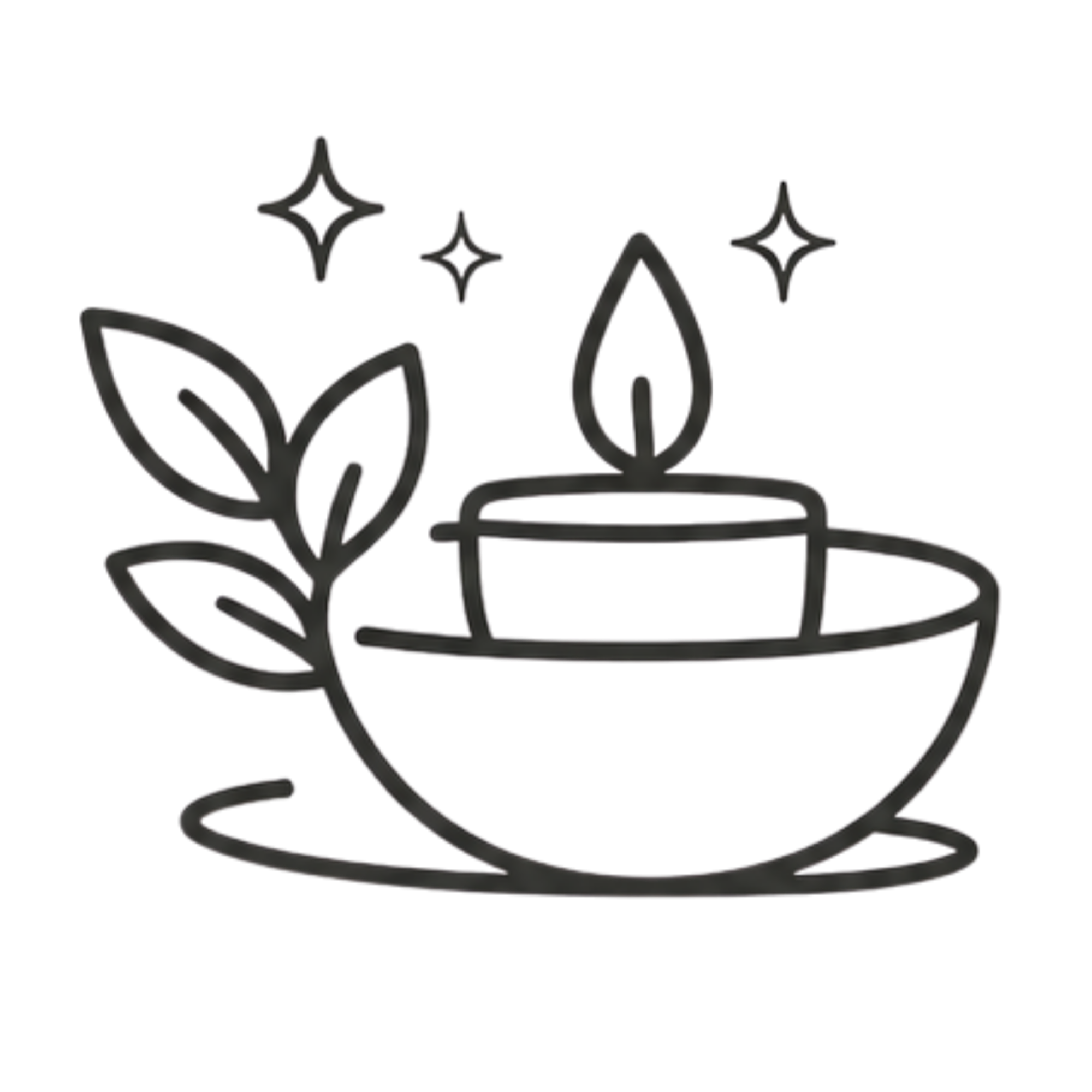 Black line drawing of a plant with leaves, flowers, and a candle holder on a table.