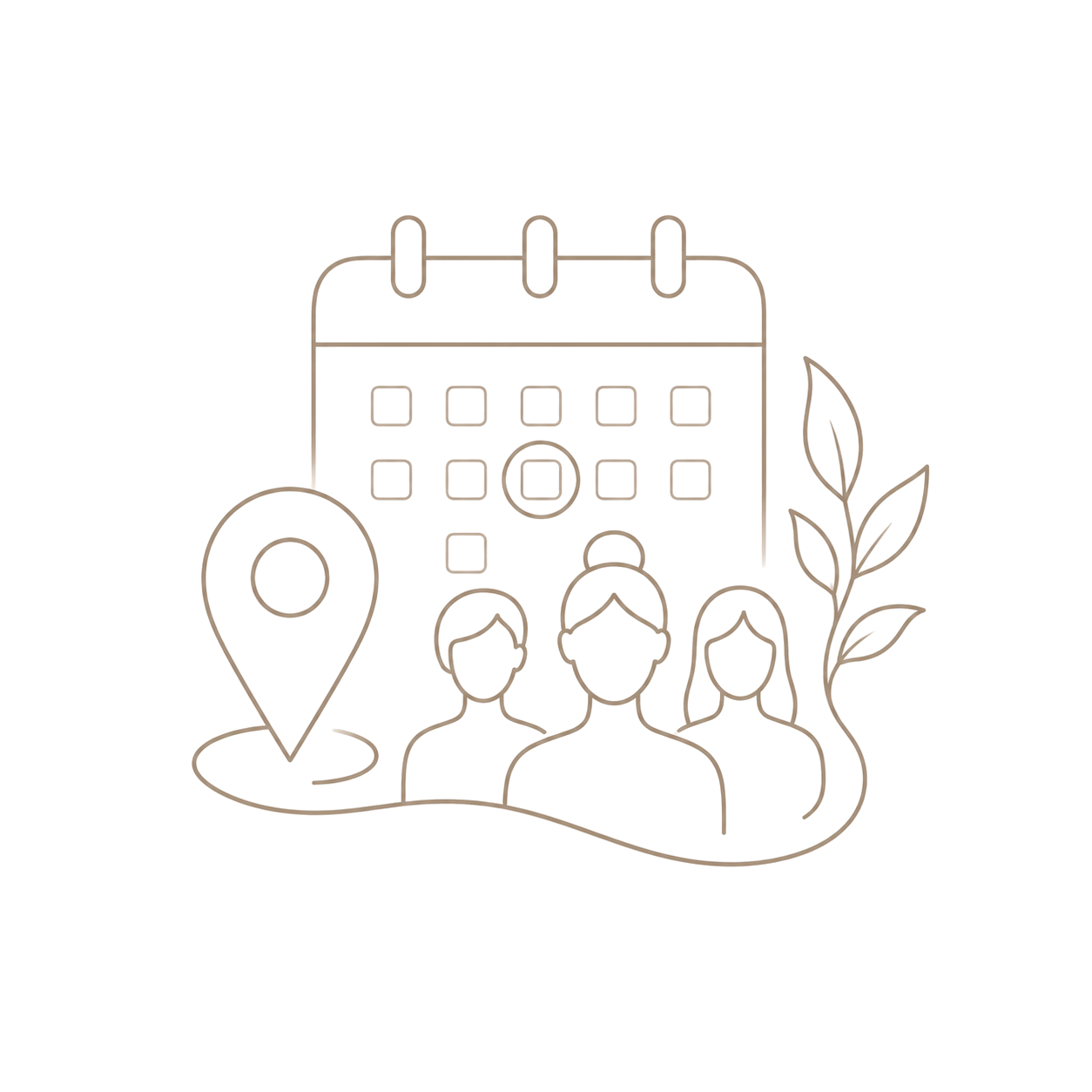 Line drawing of a calendar, a location pin, three people, and a plant leaf on a black background, symbolizing scheduling and community.