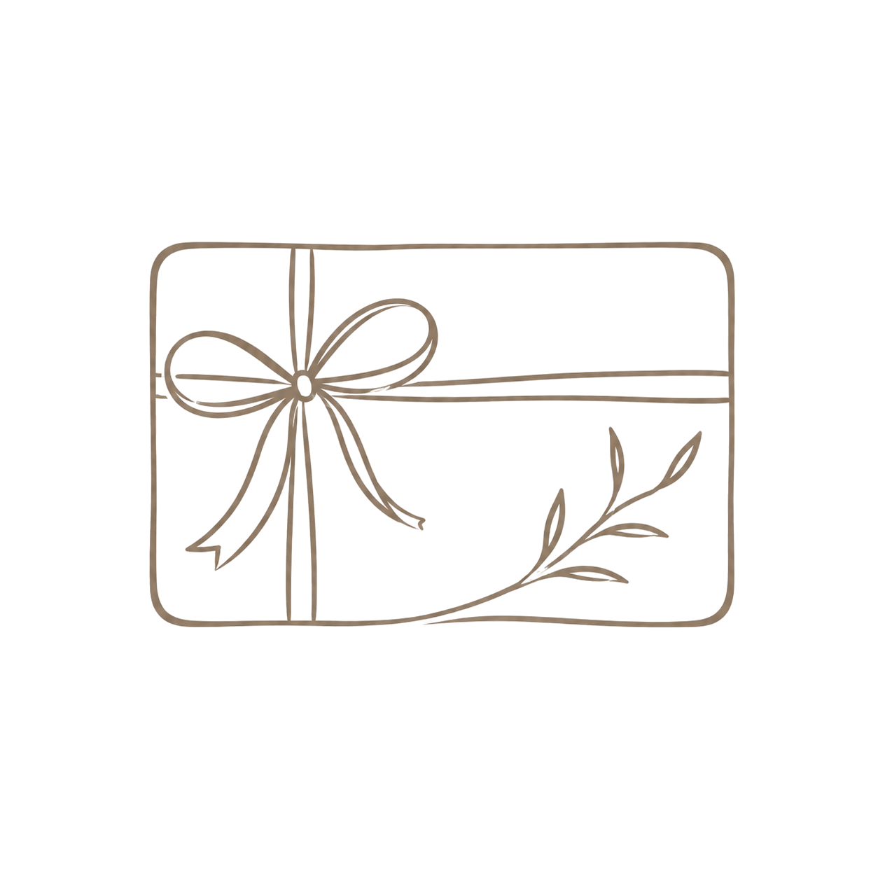 Line drawing of a gift box with a bow and a leaf design.