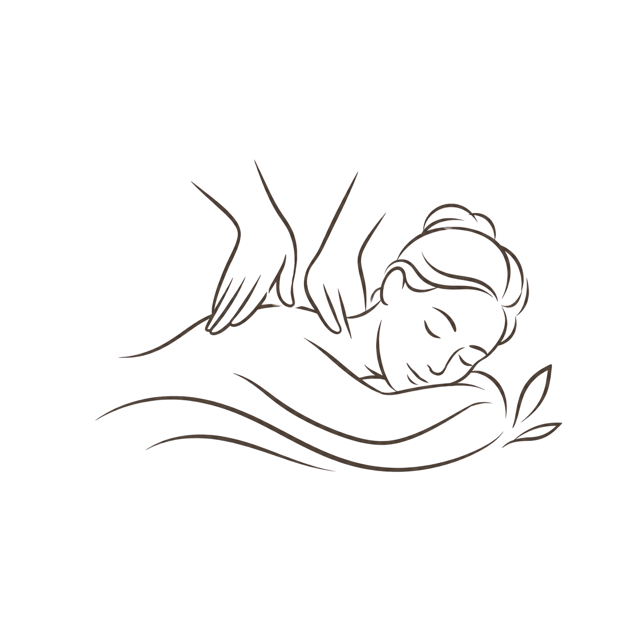Line drawing of a woman receiving a massage, lying on her stomach with a towel over her lower back, with another person’s hands massaging her shoulders, and a small plant in the bottom right corner.