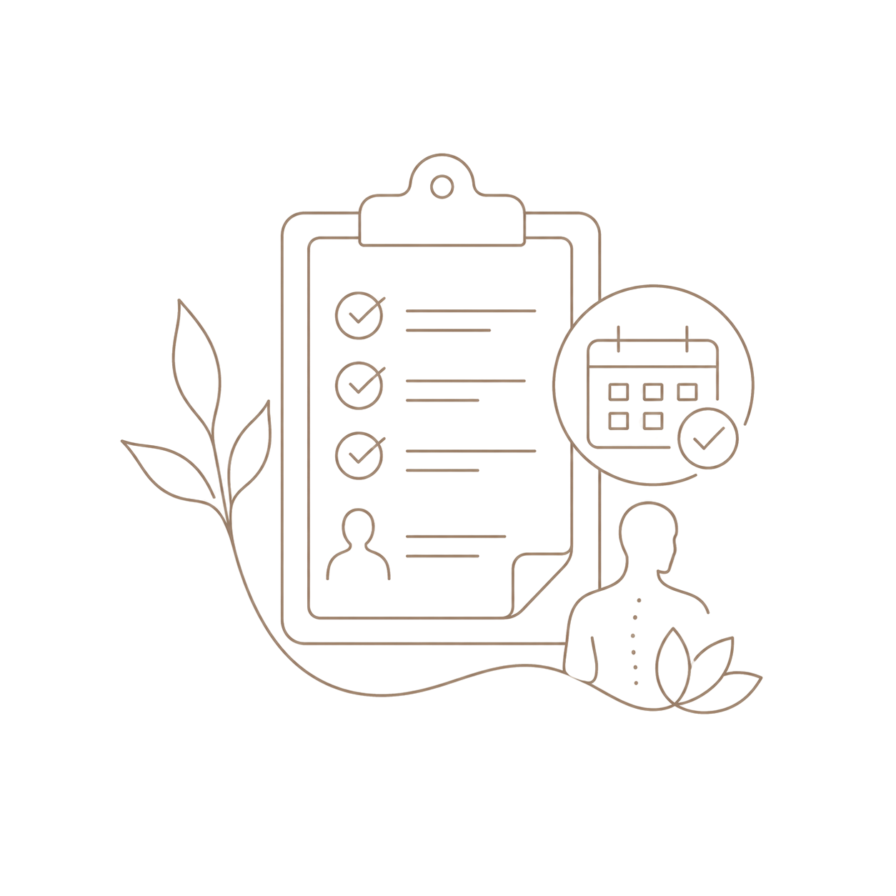 Outline of a clipboard with checked items, a calendar with a checkmark, a person's silhouette, and a figure of a person with leaves, all on a black background.