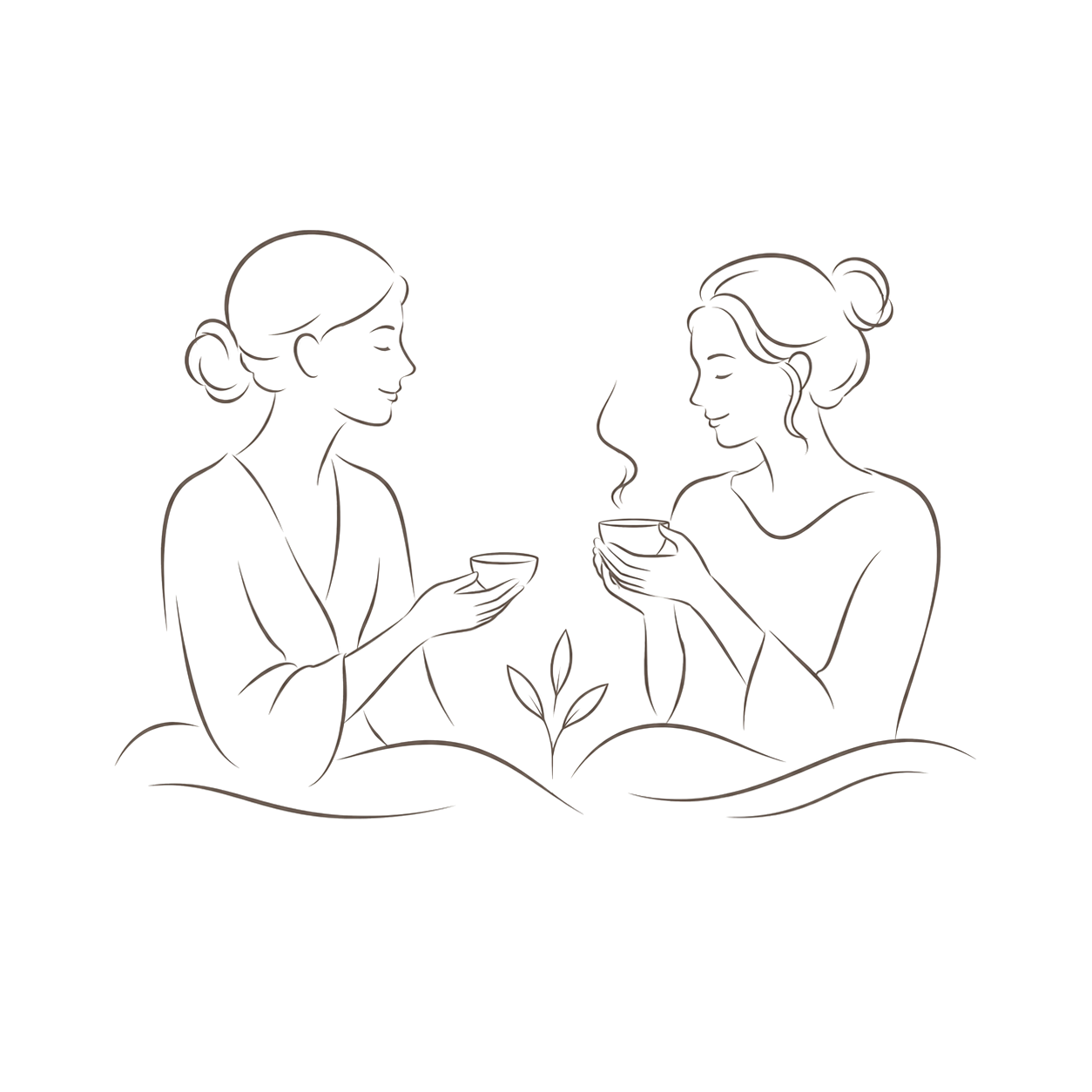 Line drawing of two women sitting and drinking tea or coffee, with a small plant in between them.