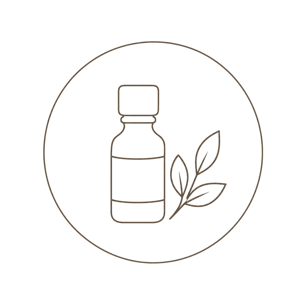 Minimalist line drawing of a small dropper bottle with leaves surrounding it, enclosed in a circle.