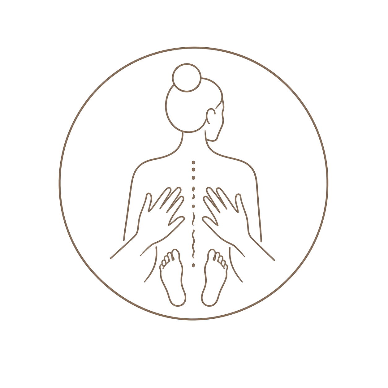 Line drawing of a woman in a seated forward bend yoga pose, with hands on her back, feet together, and hair in a bun, inside a circular border.