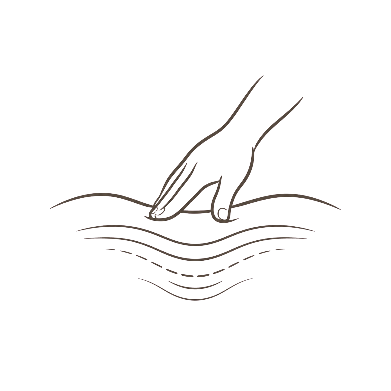 Minimalist line drawing of a hand touching water surface with ripples.