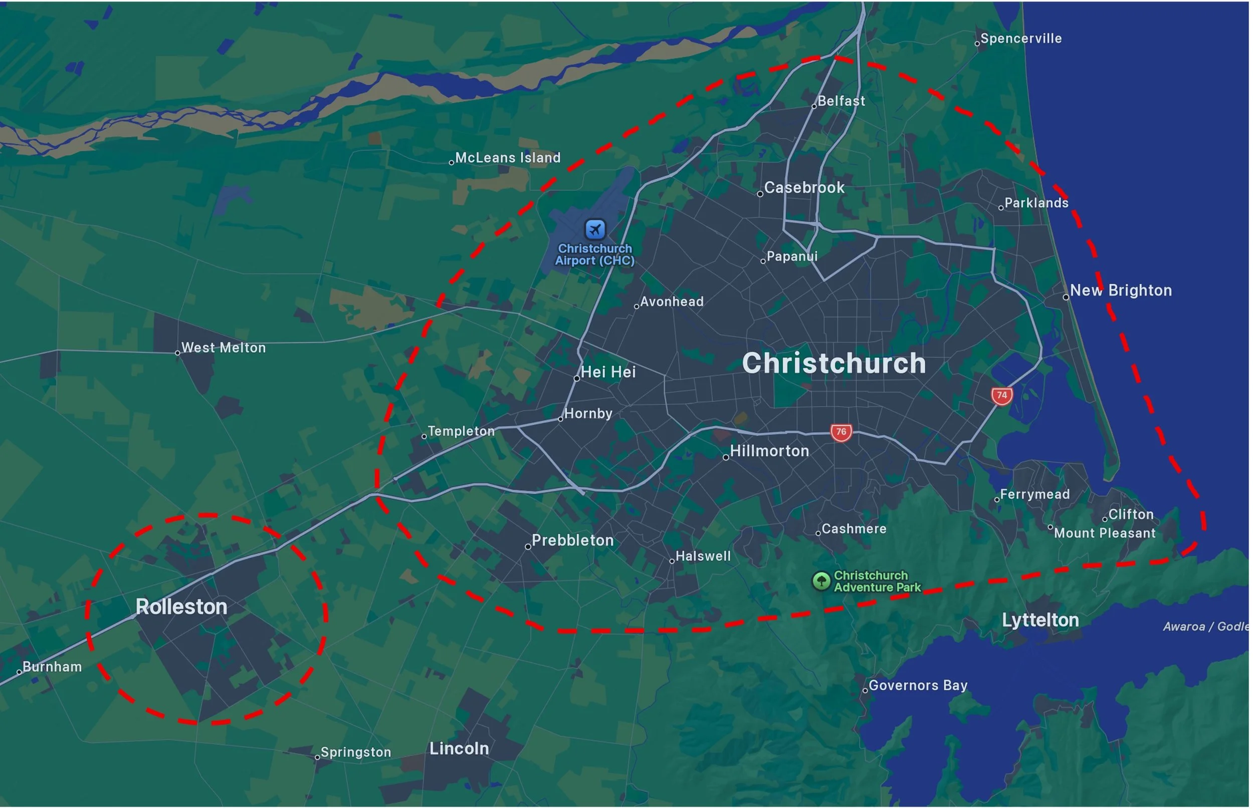 Map of Christchurch, New Zealand, showing surrounding suburbs, Christchurch Airport, and Christchurch Adventure Park, with a red dashed line indicating a boundary around Christchurch City and Rolleston.