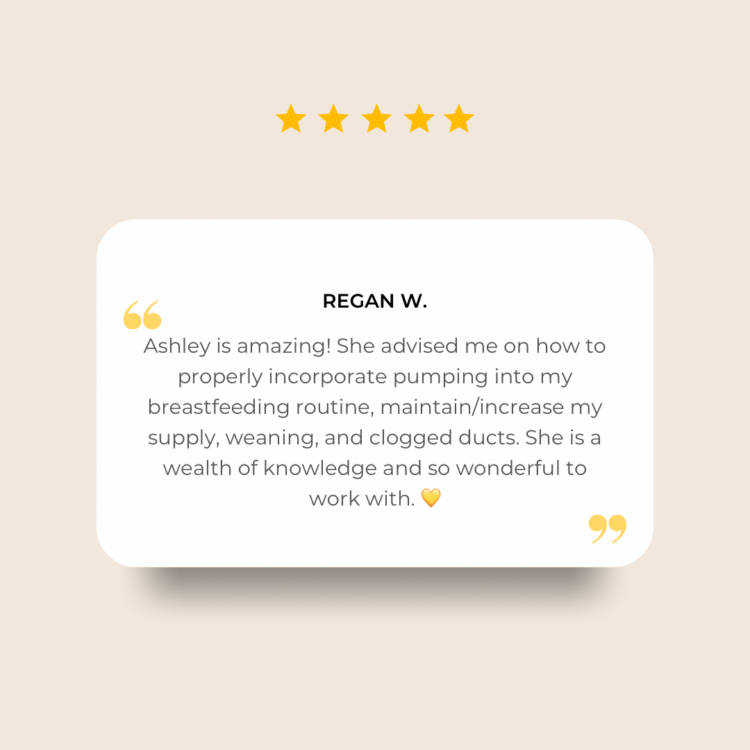Review with five stars, mentioning her advice on breastfeeding, pumping and clogged duct care, weaning support.