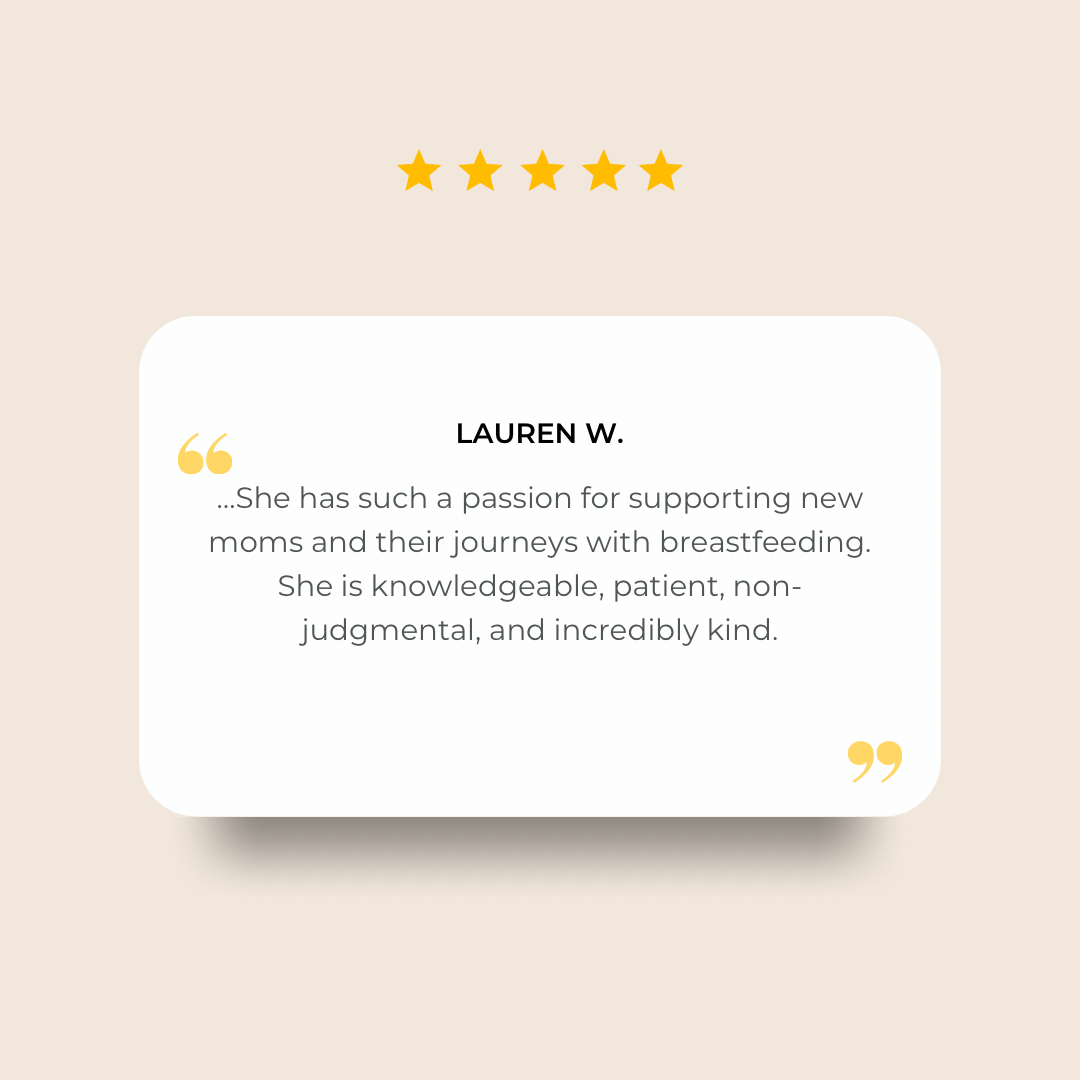Customer review with 5 stars. positive testimonial for Ashley at Sweet Sips, praising her support for new moms with breastfeeding.