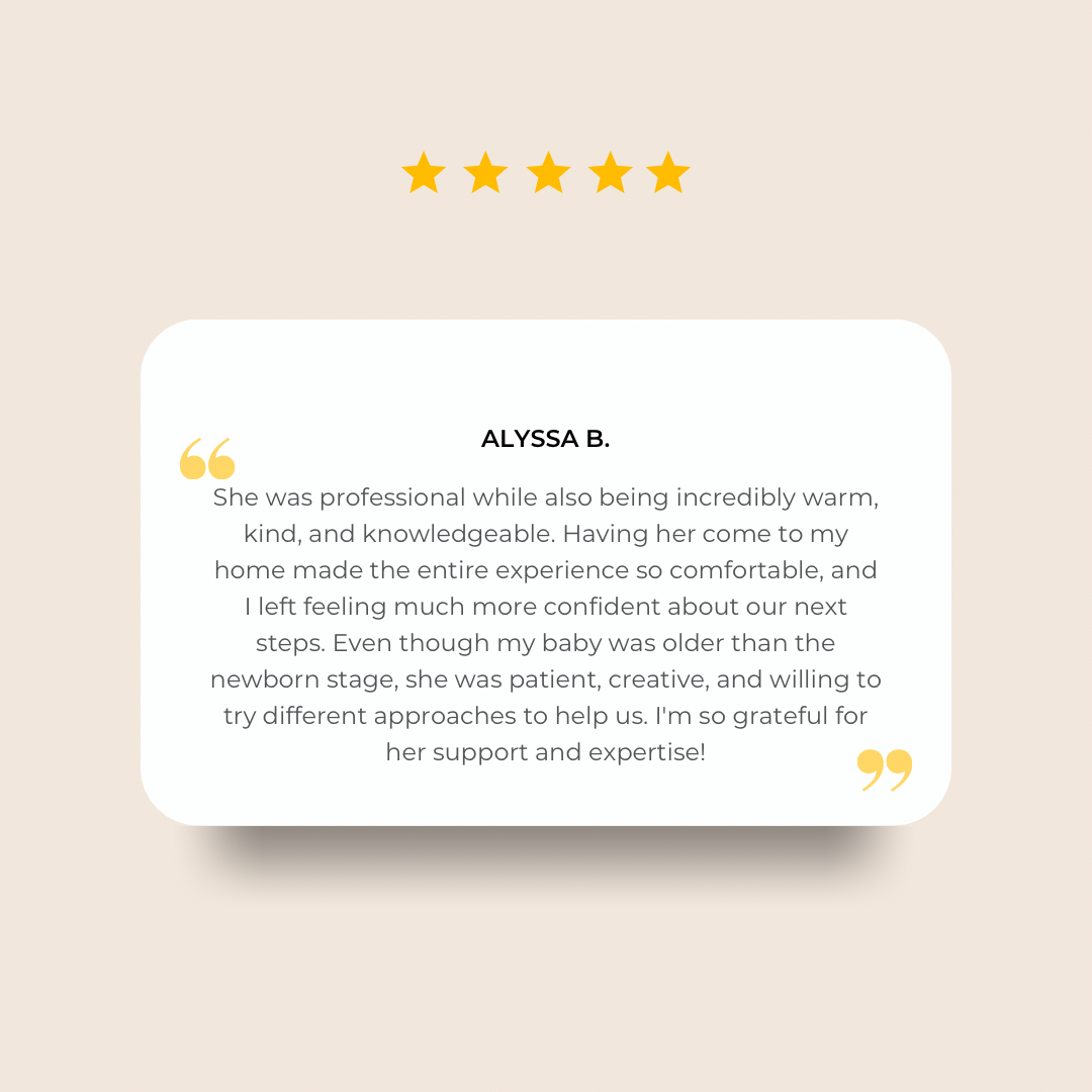Five star review with a customer testimonial about Alyssa B., praising Ashley's professionalism, warmth, kindness, knowledge, patience, creativity, and support during a newborn care experience.