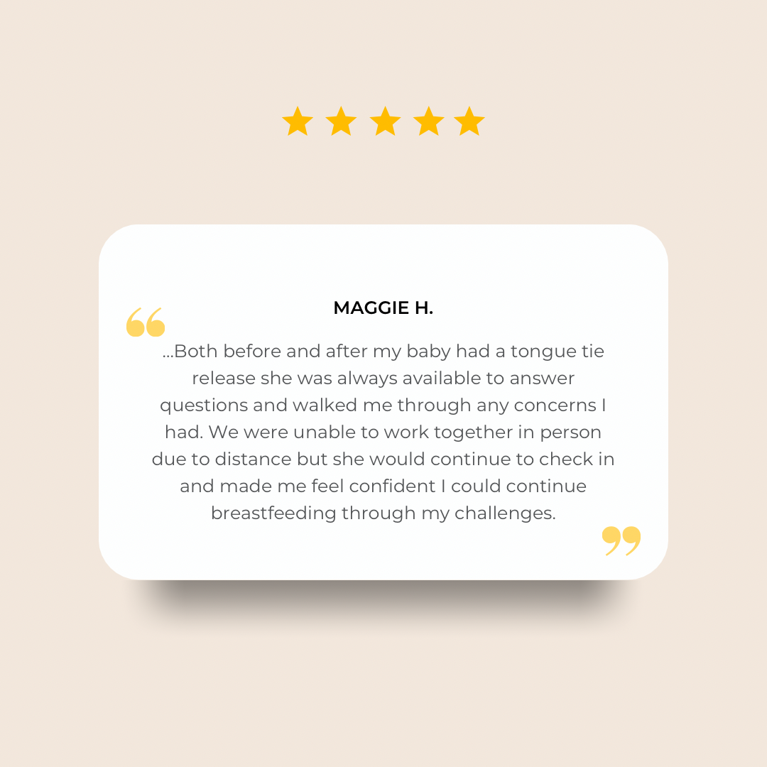 Five gold stars above a testimonial quote from Maggie H. praising a Sweet Sips for their support before and after her baby's tongue tie release, highlighting their availability, reassurance, and ongoing check-ins.