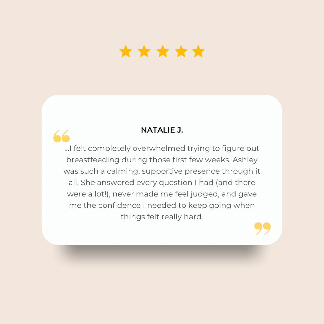 A  five star review expressing  a positive experience with non-judgmental and calming breastfeeding support, that gave confidence back to the breastfeeding journey