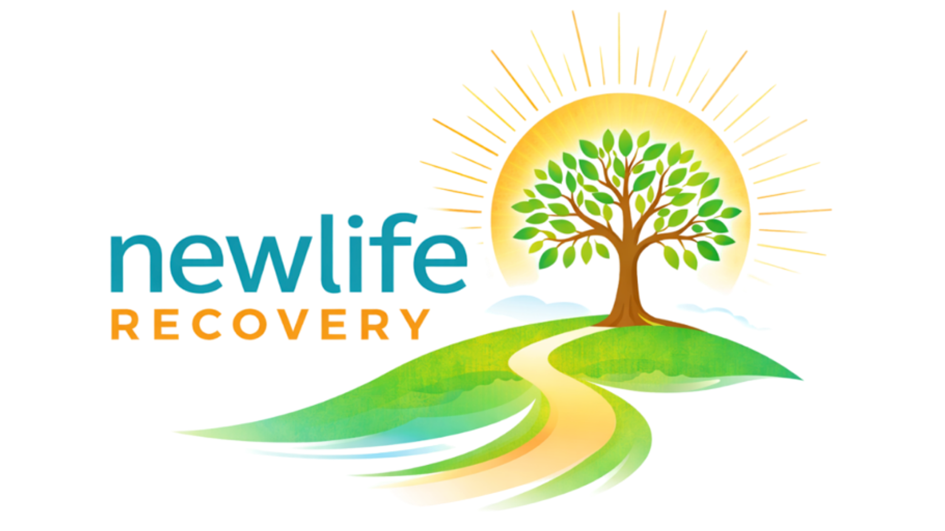 Colorful logo with a tree, pathway, and the words 'new life recovery' in blue, yellow, and orange text.