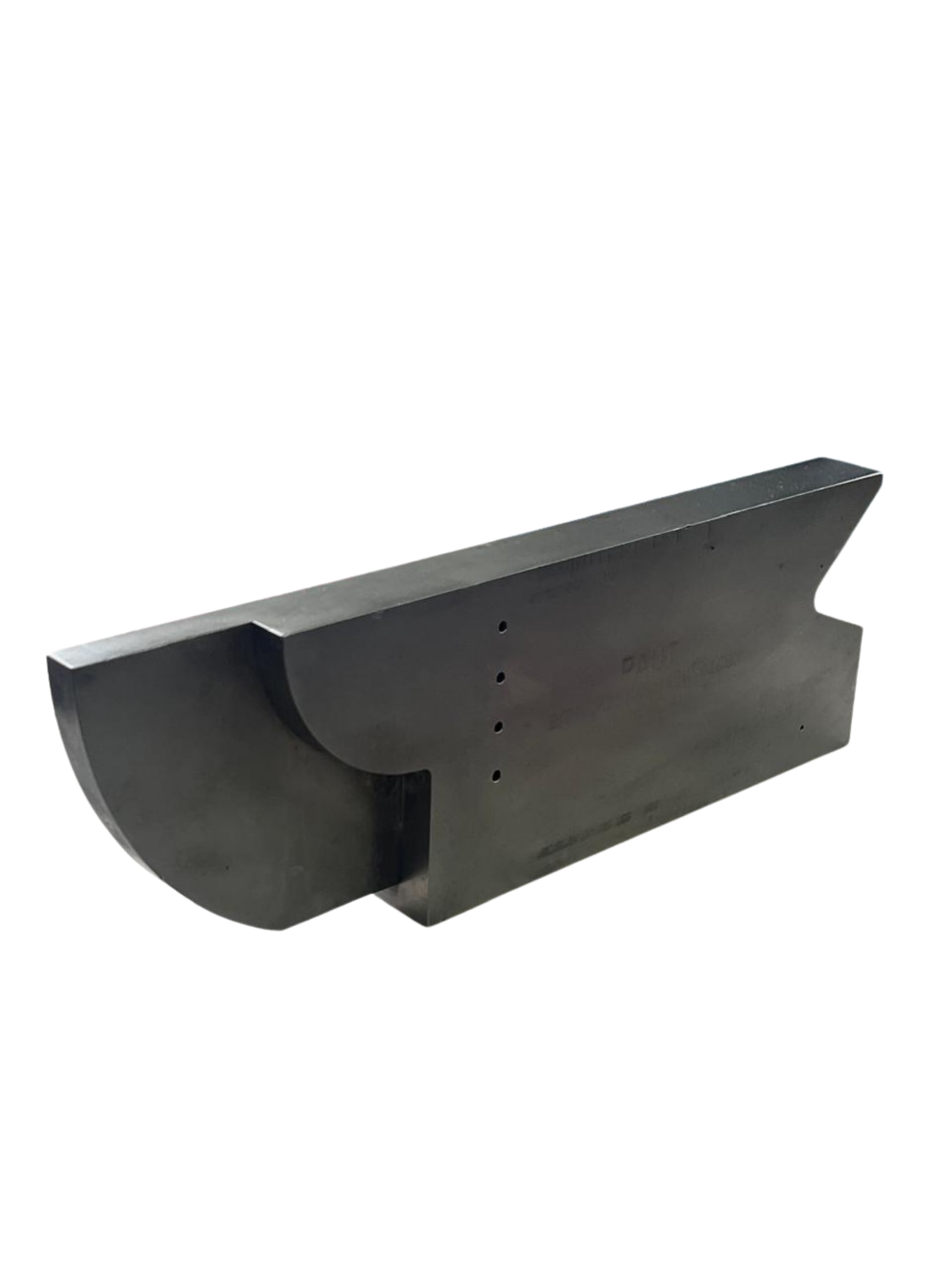 A large, dark gray, L-shaped metal object with holes and a flat surface.