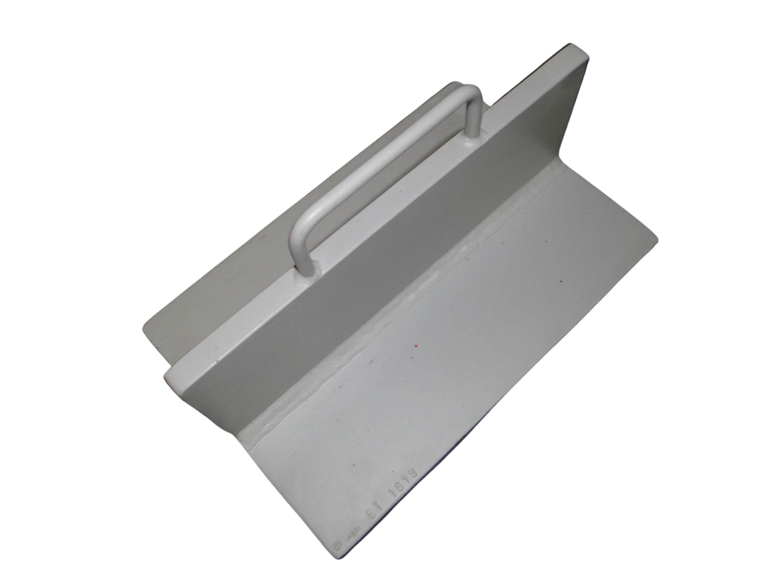 A metal rectangular object with a white handle attached on top.