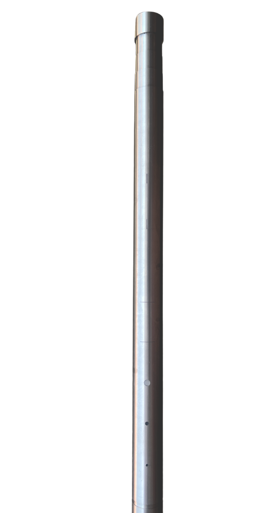 A tall, cylindrical metal pole standing upright isolated on a white background.