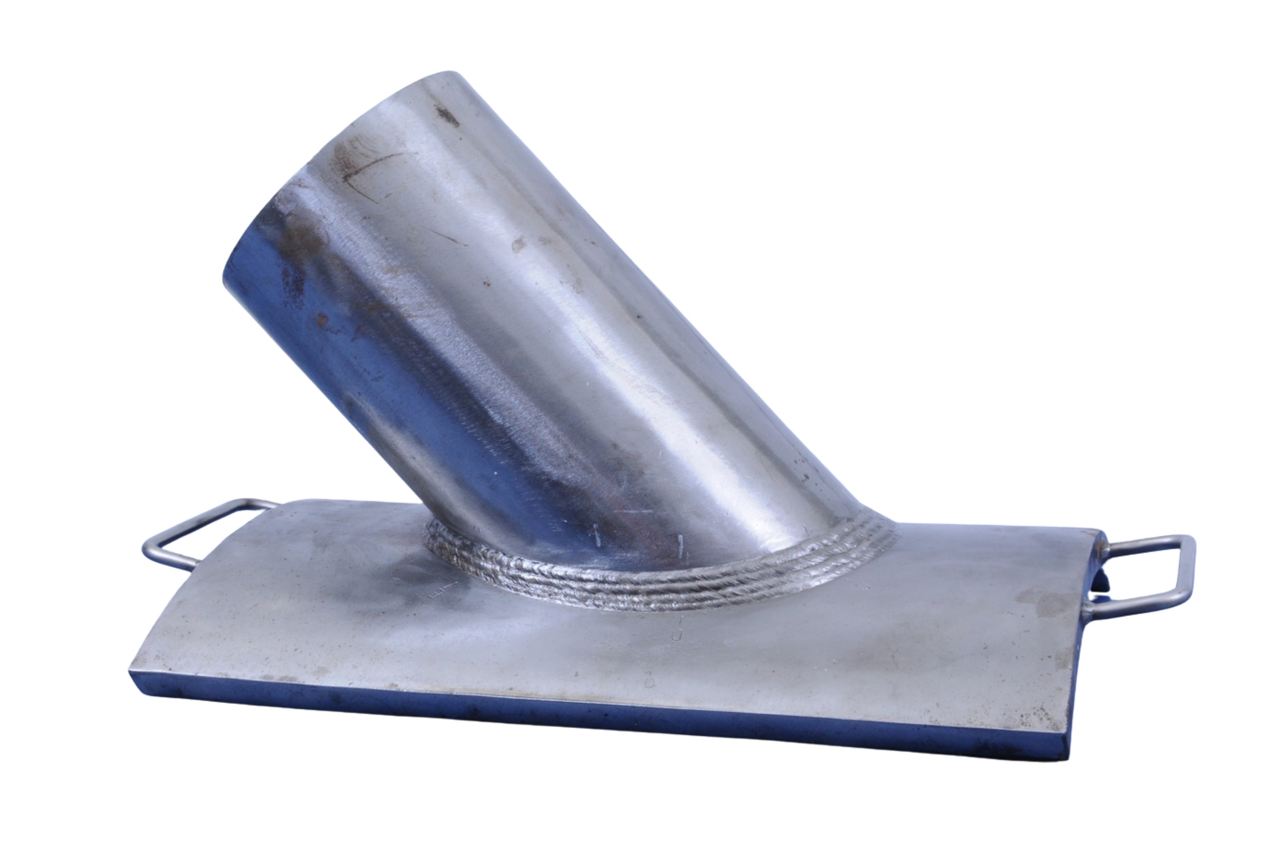 A metal melting pot tilted on a metal base, with a handle on each side, against a white background.