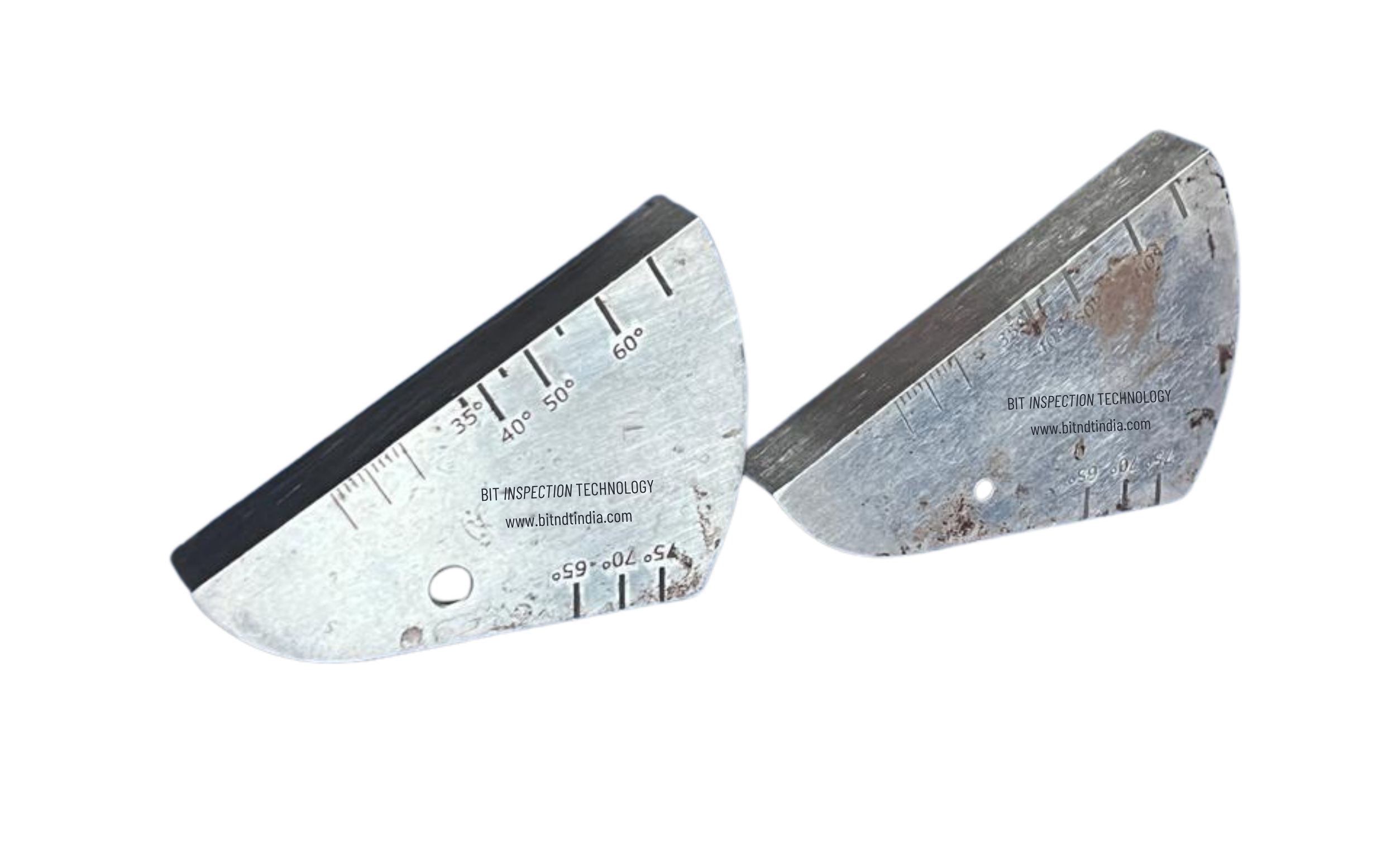 Metal tools with angled rulers and measurement markings, labeled with ‘Bit Inspection Technology’ and a website URL, used for precise measurement and inspection.
