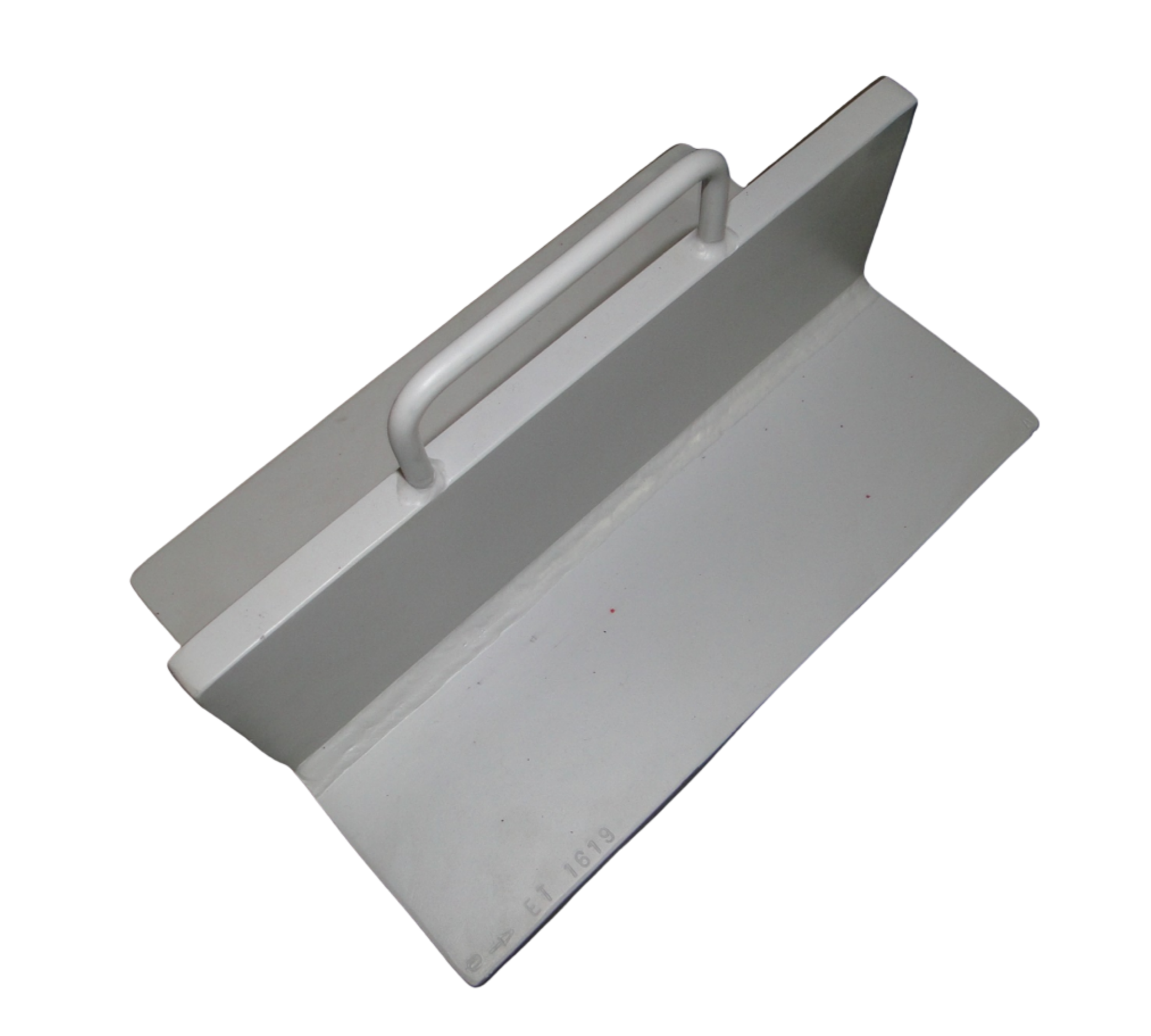 Close-up view of a gray metal object with a white handle on top, possibly a part of industrial equipment or machinery.