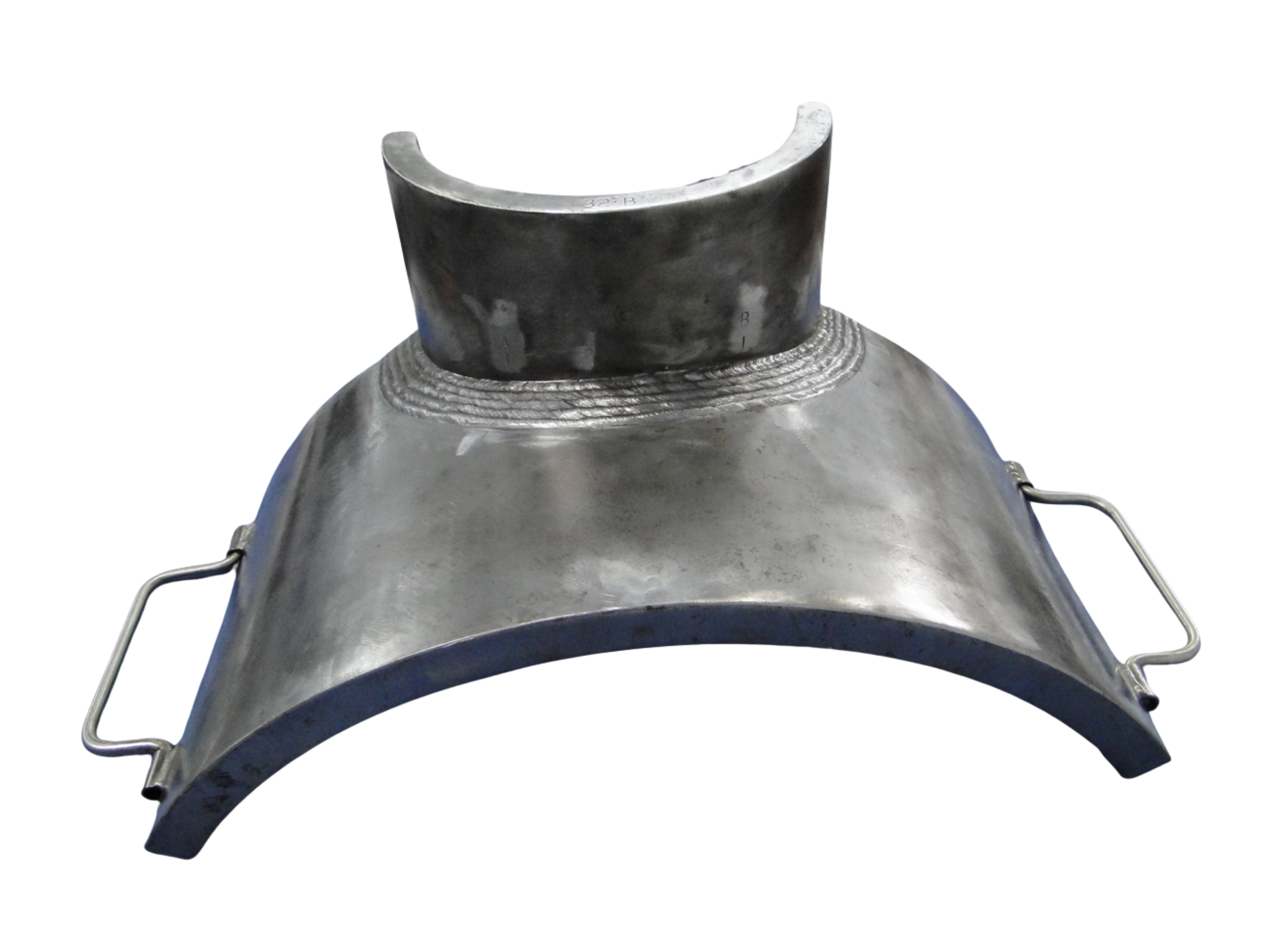 A metallic horse shoe with hooks on each side for hanging, placed on a flat surface against a white background.