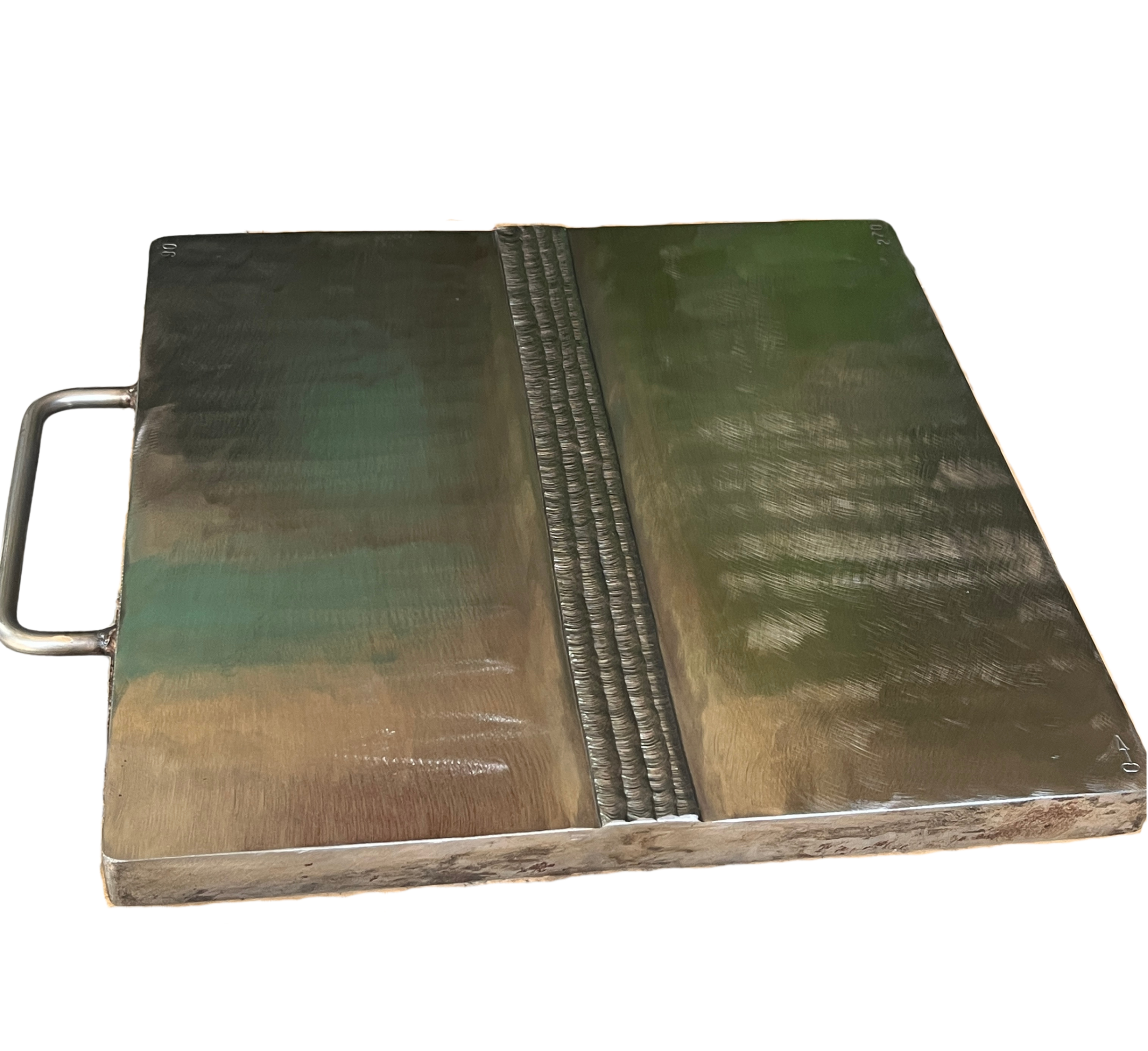 Stacked metal sheets with welded seams and a handle, viewed from the side, with a white background.