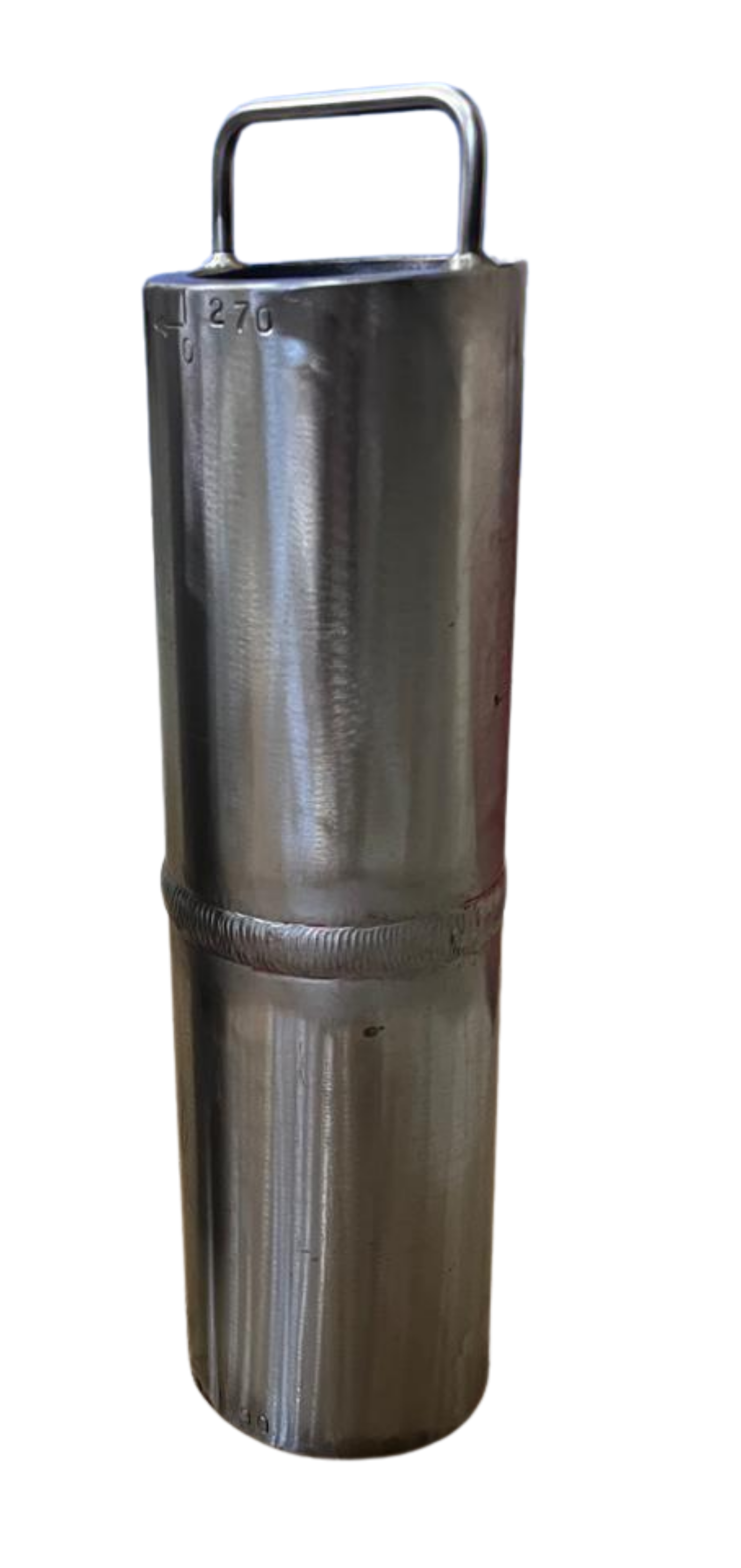 Close-up of a stainless steel padded metal bollard post with a handle on top for lifting or moving.