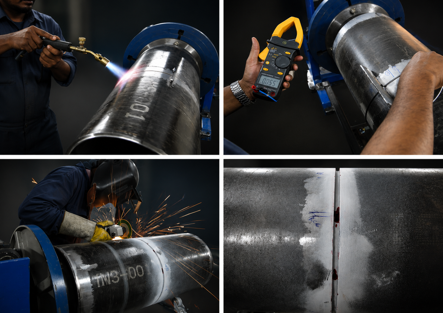Four images showing metalwork: welding, testing, grinding, and finishing a large metal pipe.