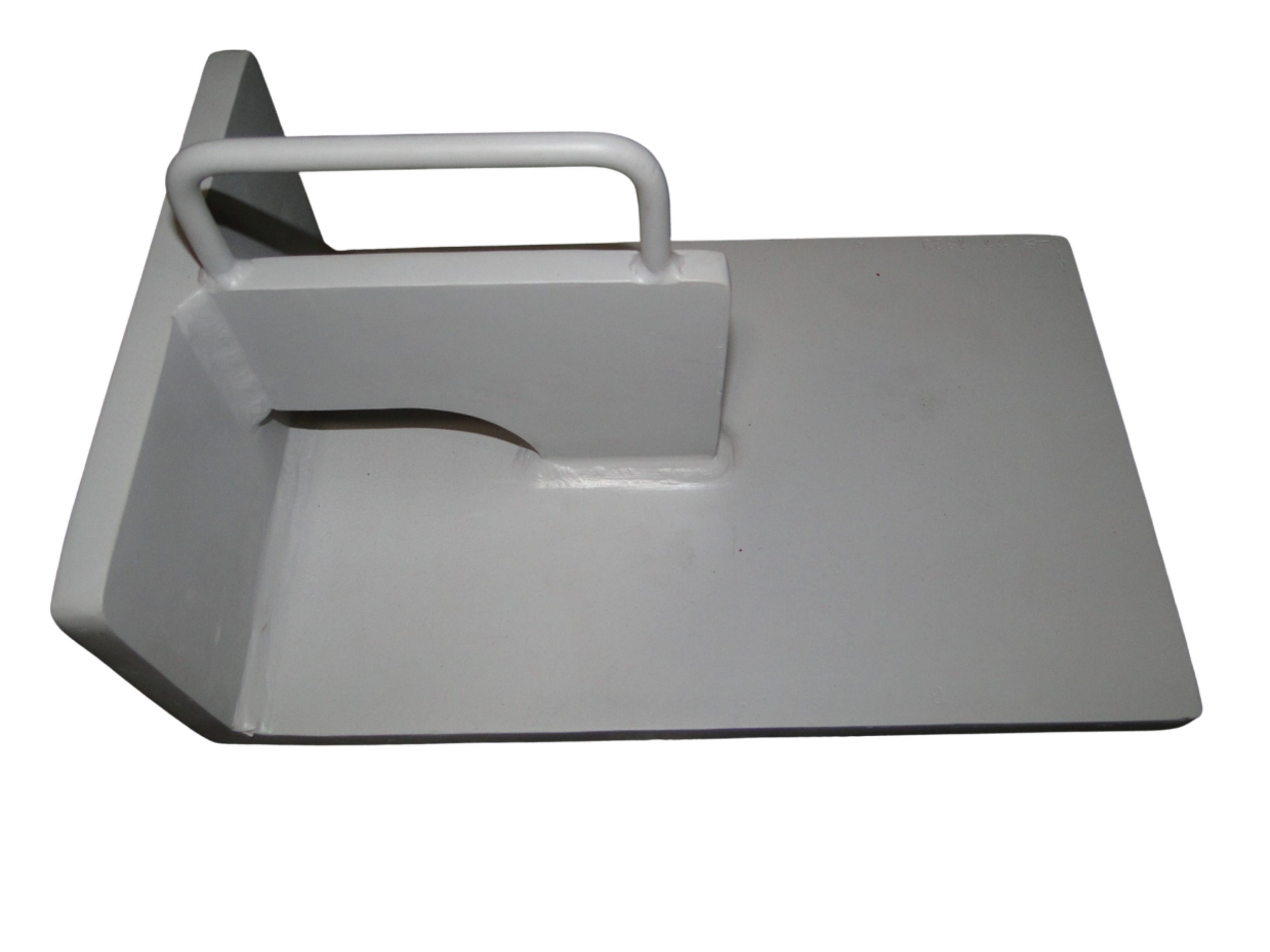 White metal object with a rectangular base, a vertical panel, and a horizontal handle or bar attached to the top of the panel.