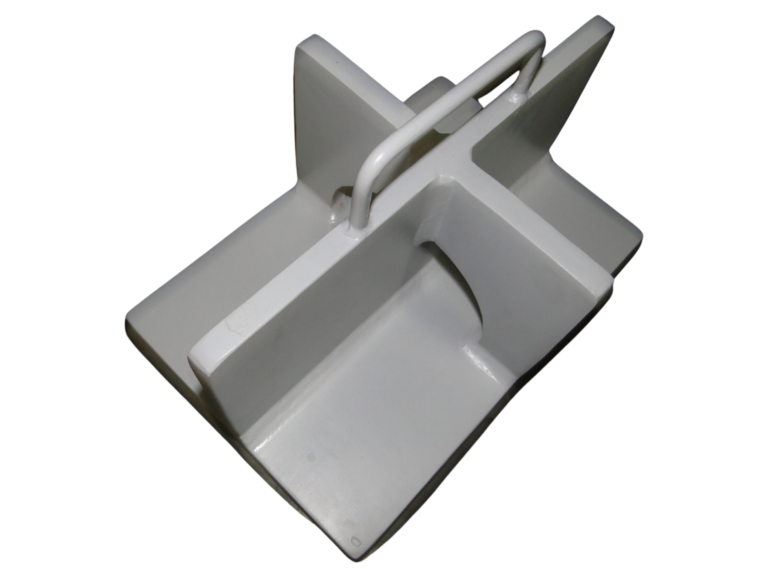 Close-up of a white metal folding chair with a handle on the backrest