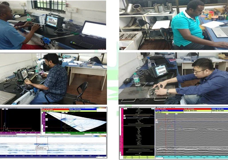 Four men working at desks with electronic equipment and tools; two men using oscilloscope and testing electronic components, two men working on laptops. Two charts or graphs displayed on screens at the bottom.