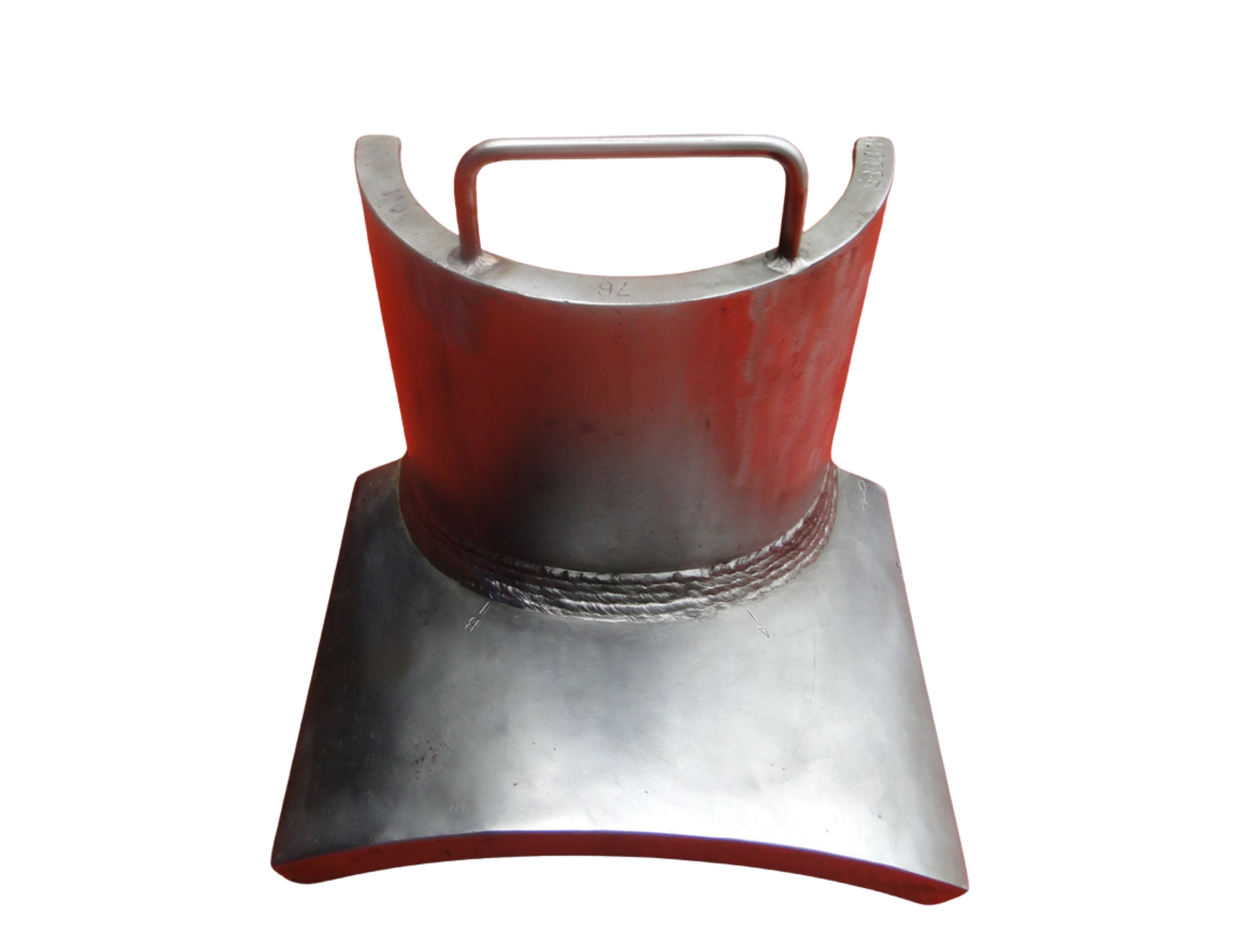Close-up of a metal object with a red painted surface, featuring a curved handle or hook at the top.