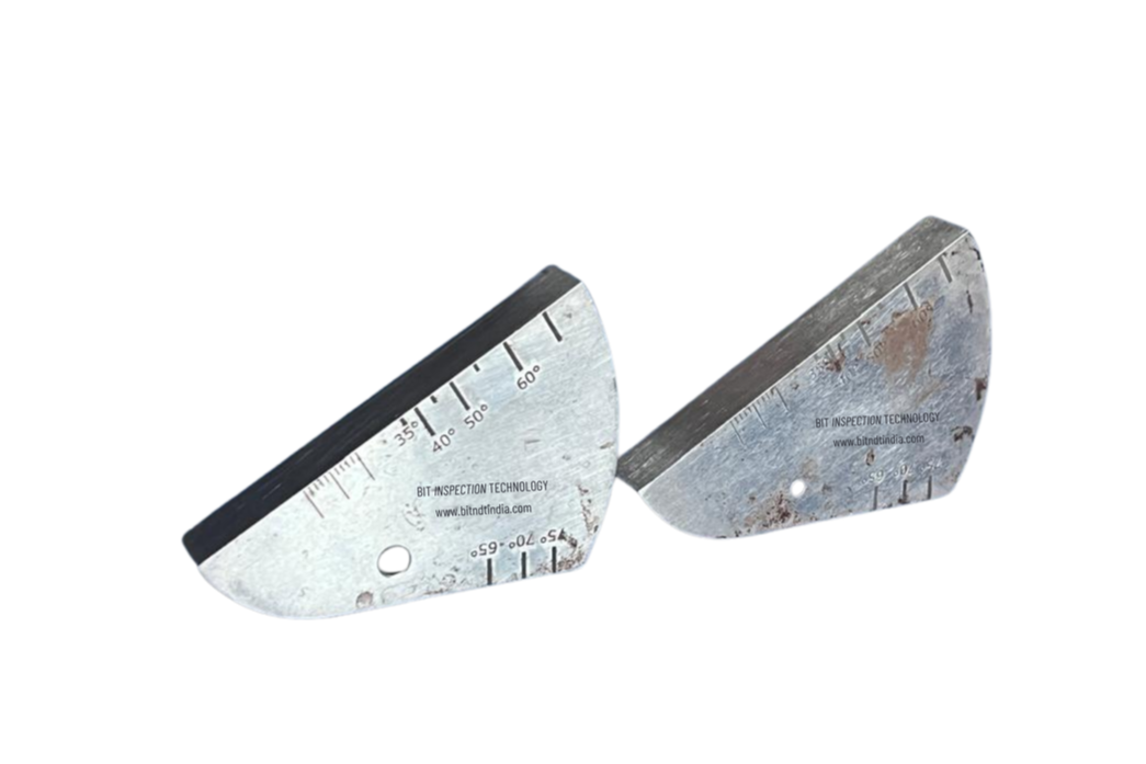 A metal protractor with a curved edge and degree markings on a white background.