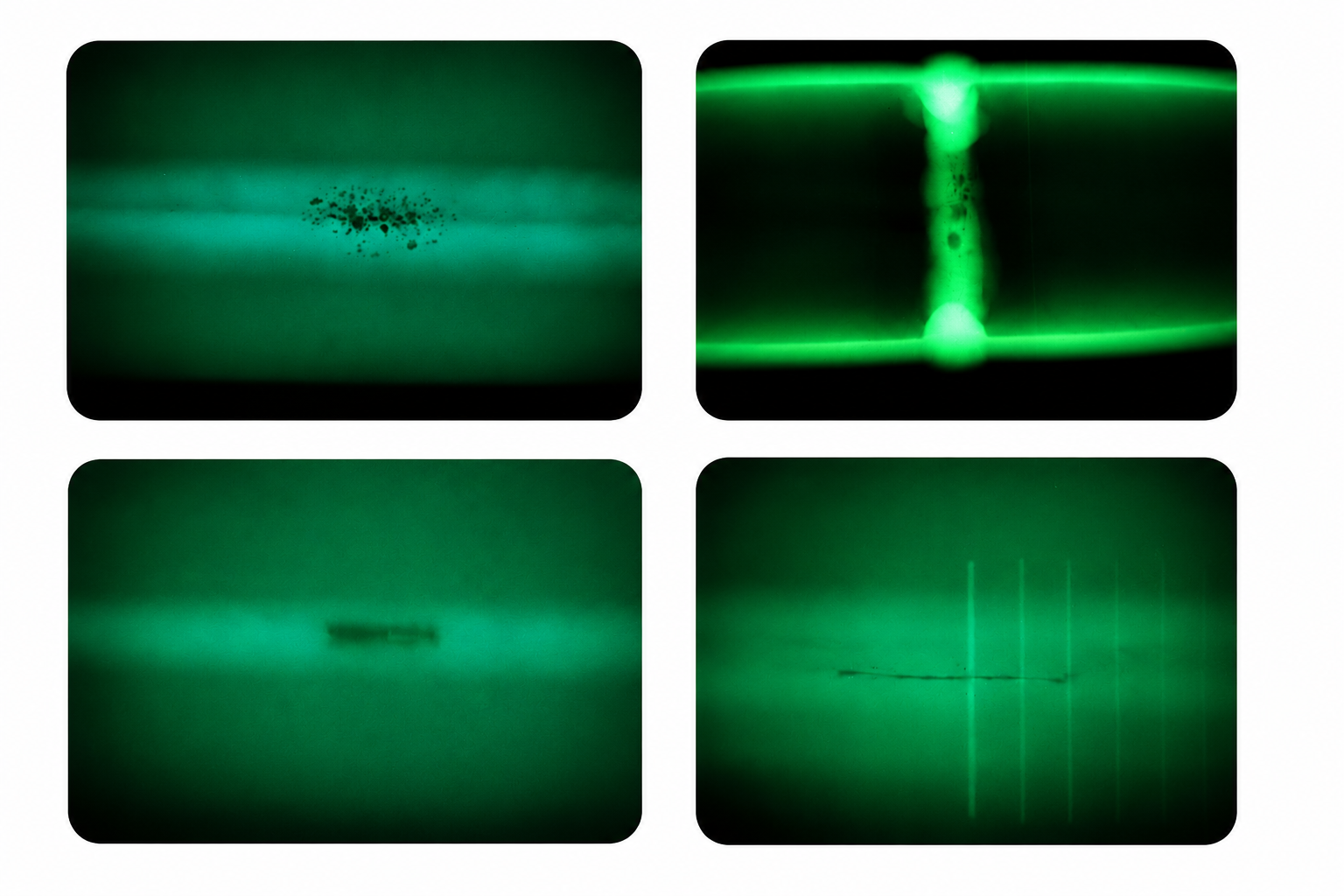 Four images of a green laser light demonstration. The top-left shows a spread of particles with a laser beam hitting them. The top-right shows a pattern with a central bright spot and symmetrical bands. The bottom-left shows a blurred rectangular object in the laser beam path. The bottom-right displays a pattern with thin vertical lines and a horizontal line, all illuminated by the laser.