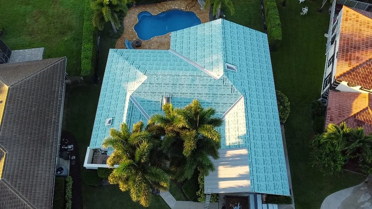 ARIEL VIEW OF ROOF AND LANDSCAPE, WITH UNDERLAYMENT