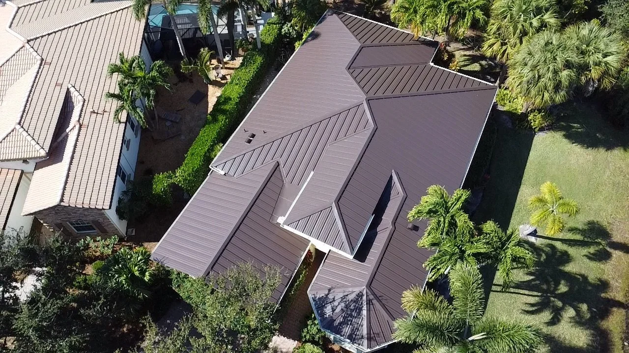ARIEL VIEW OF BROWN METAL ROOF REPLACEMENT