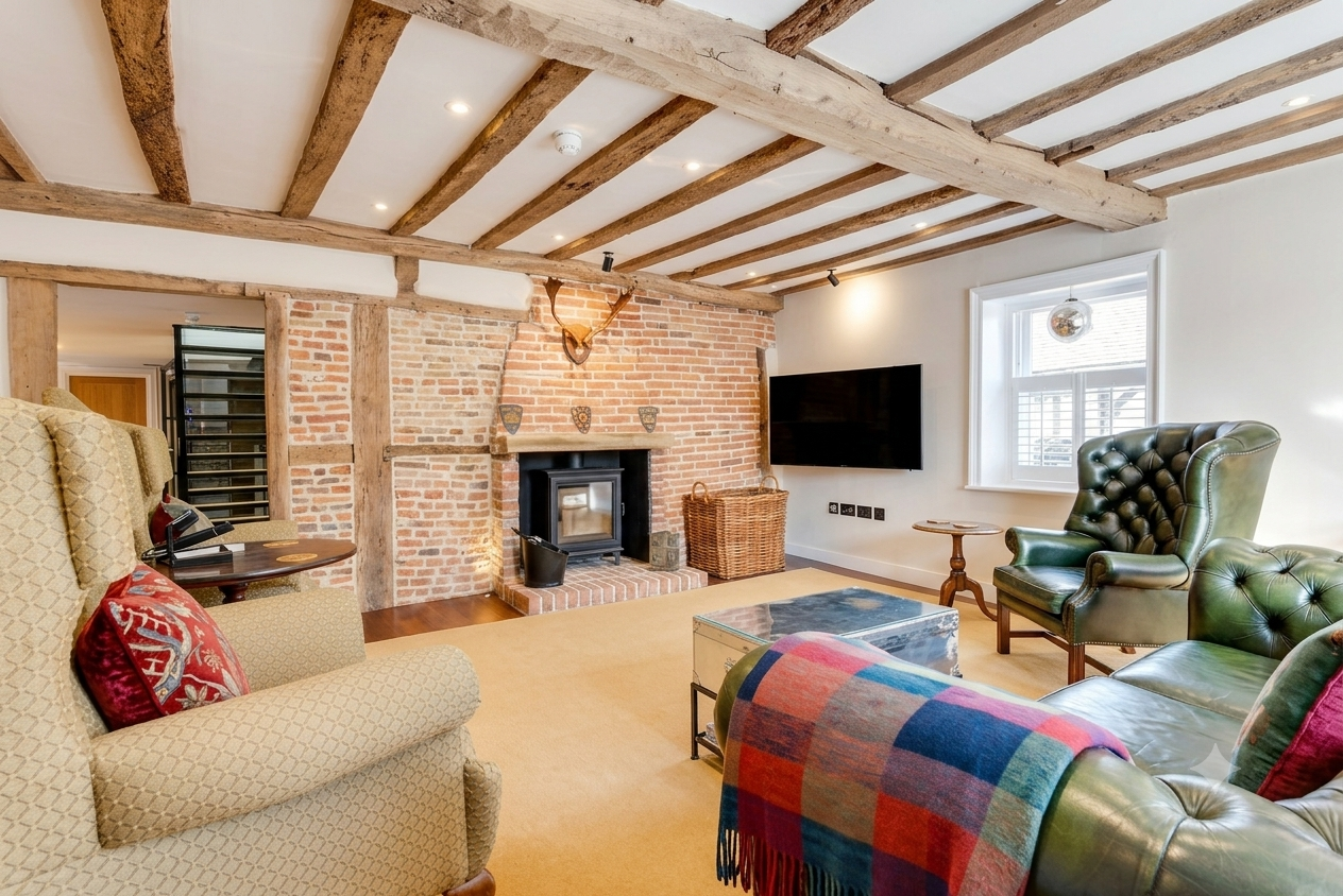 Living room with wooden-beamed ceiling, brick fireplace with antlers mounted above, flat-screen TV, and various upholstered chairs and a coffee table.